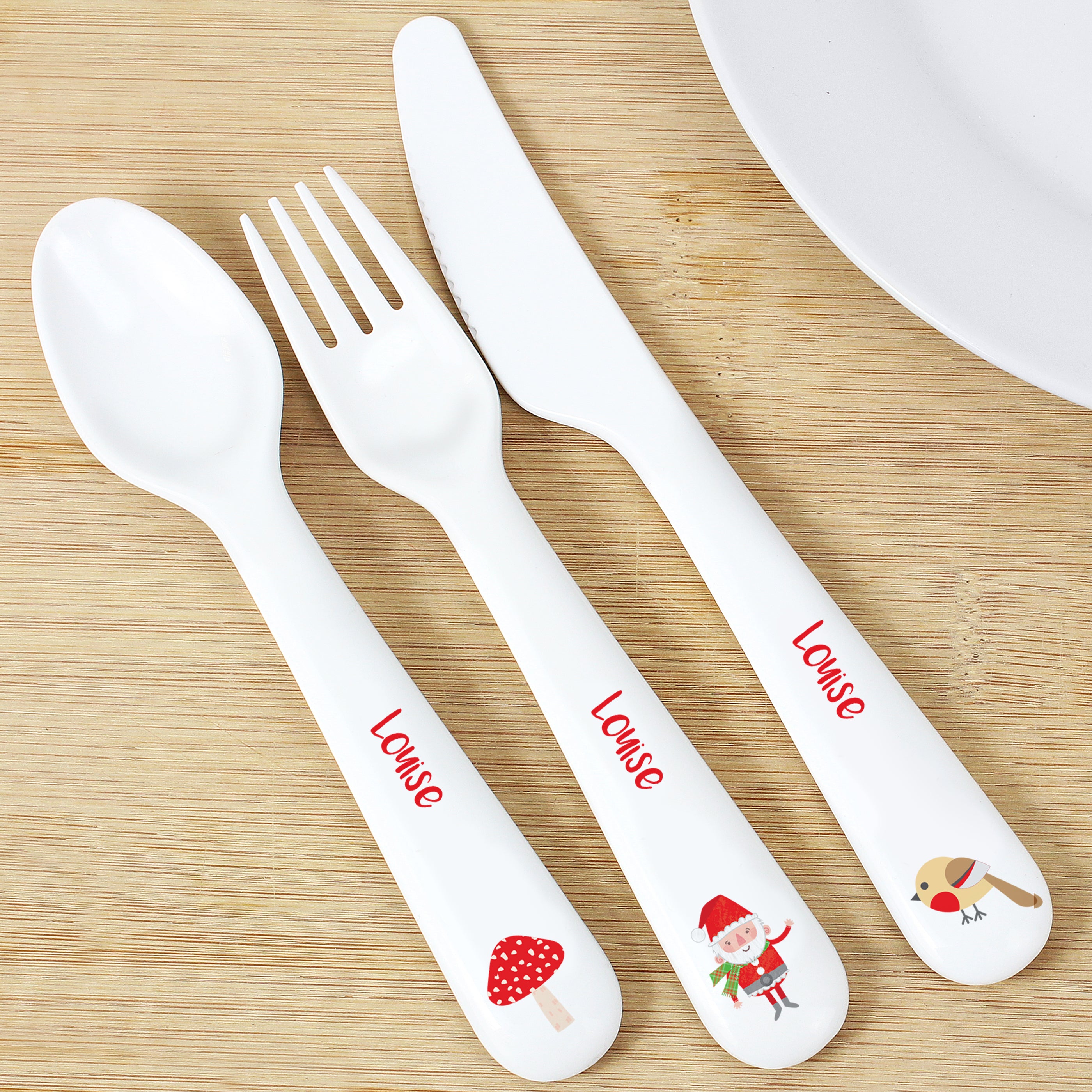 Personalised Christmas Toadstool Santa 3 Piece Plastic Cutlery Set - gift & personalise