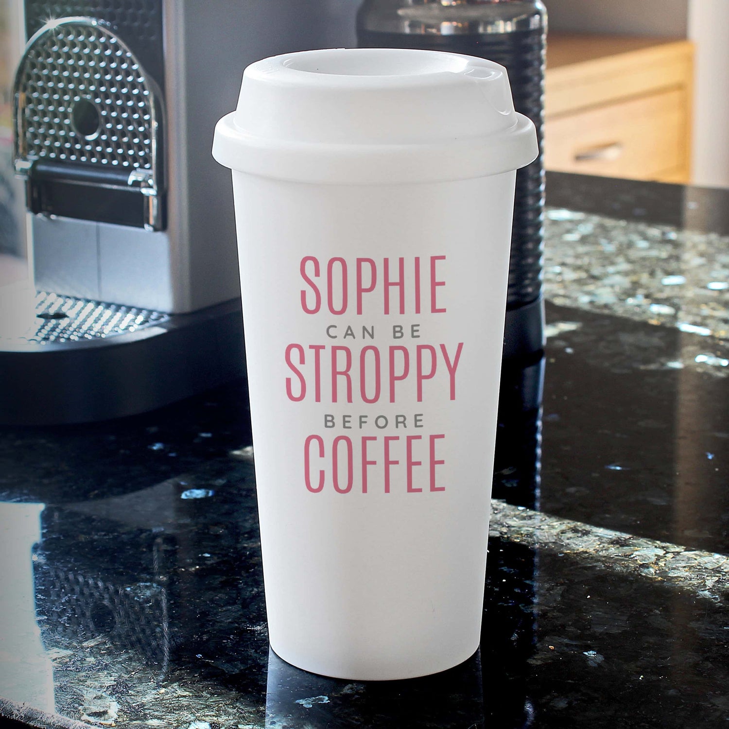 Personalised Pink Text Slogan Insulated Reusable Eco Travel Cup - gift & personalise