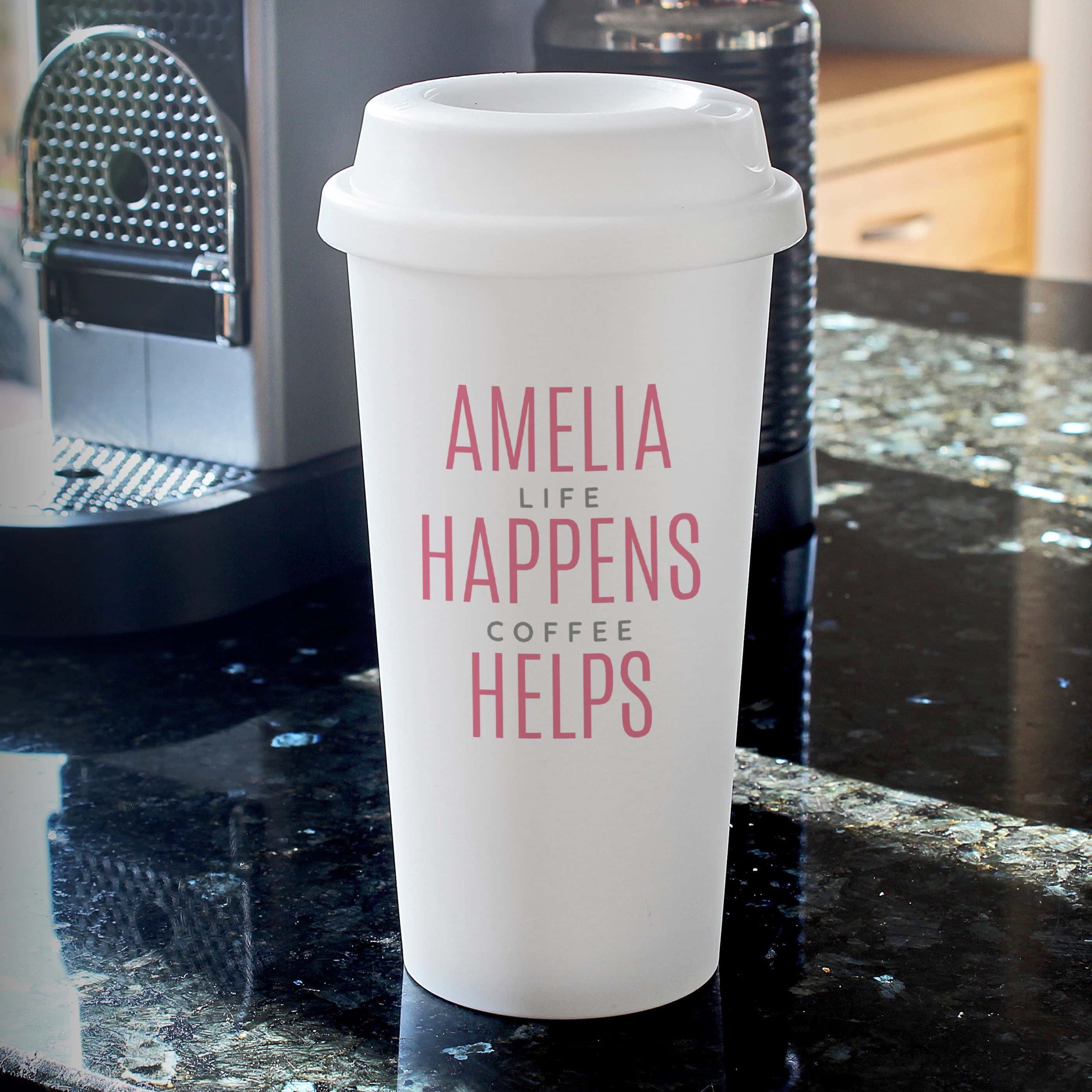 Personalised Pink Text Slogan Insulated Reusable Eco Travel Cup - gift & personalise