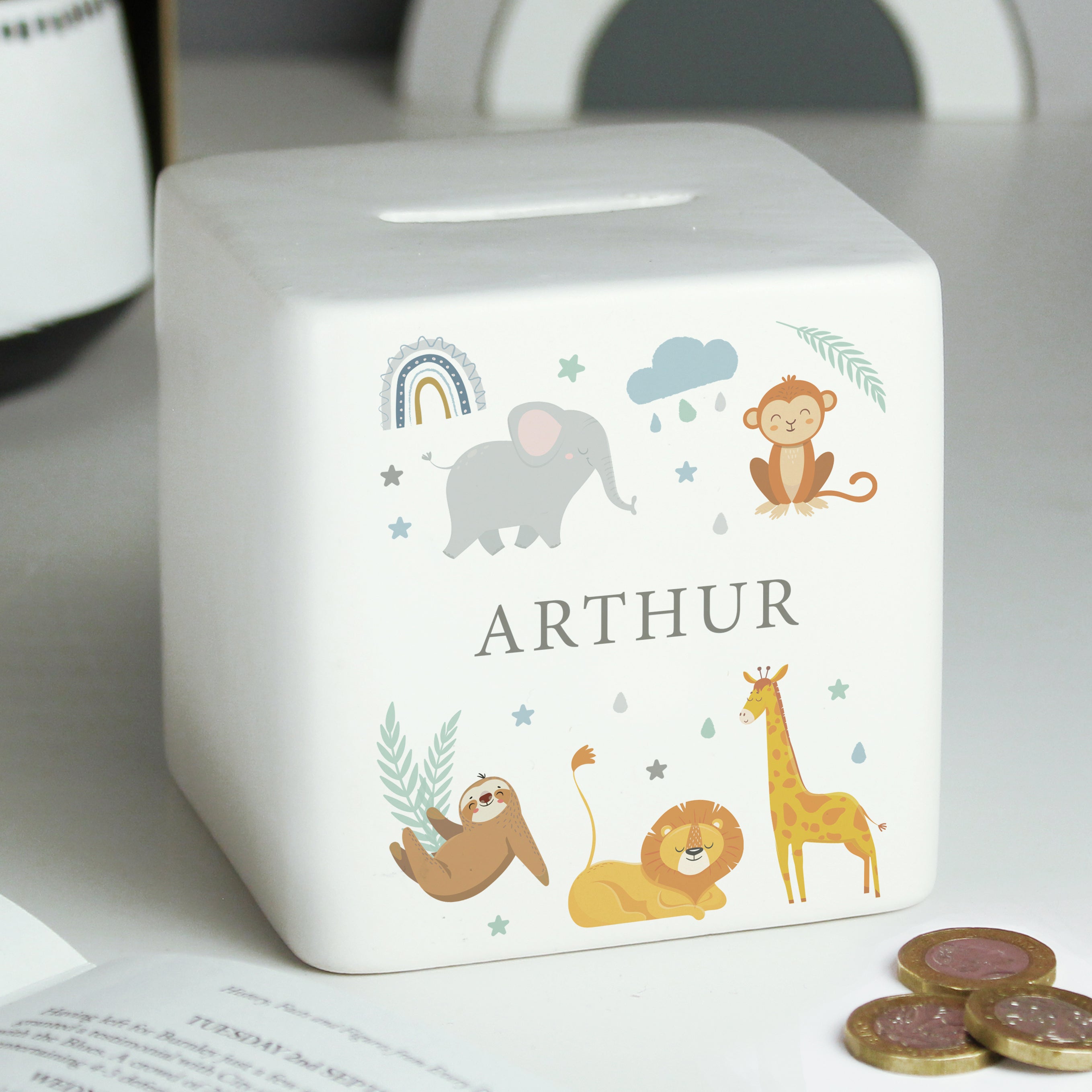 Personalised Safari Animals Ceramic Square Money Box - gift & personalise