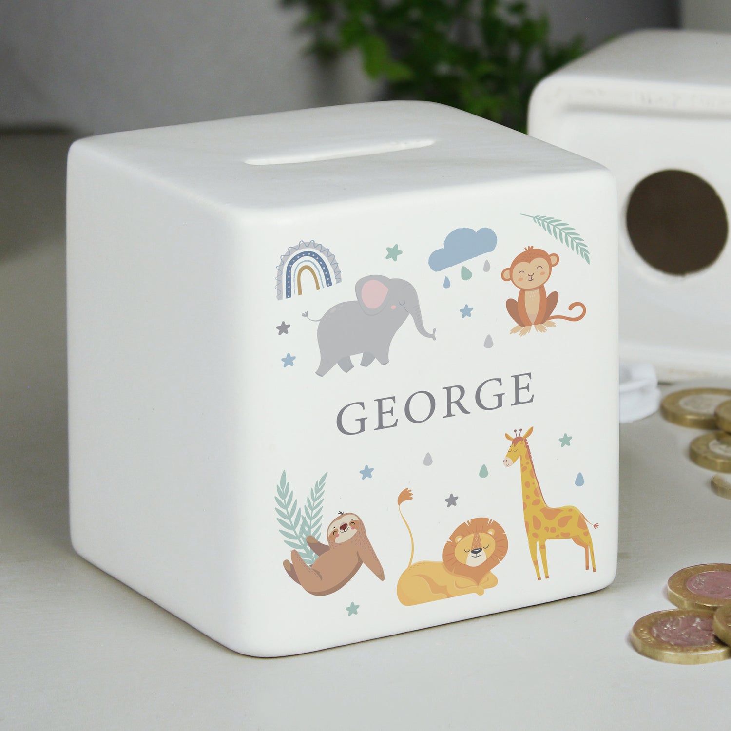 Personalised Safari Animals Ceramic Square Money Box - gift & personalise