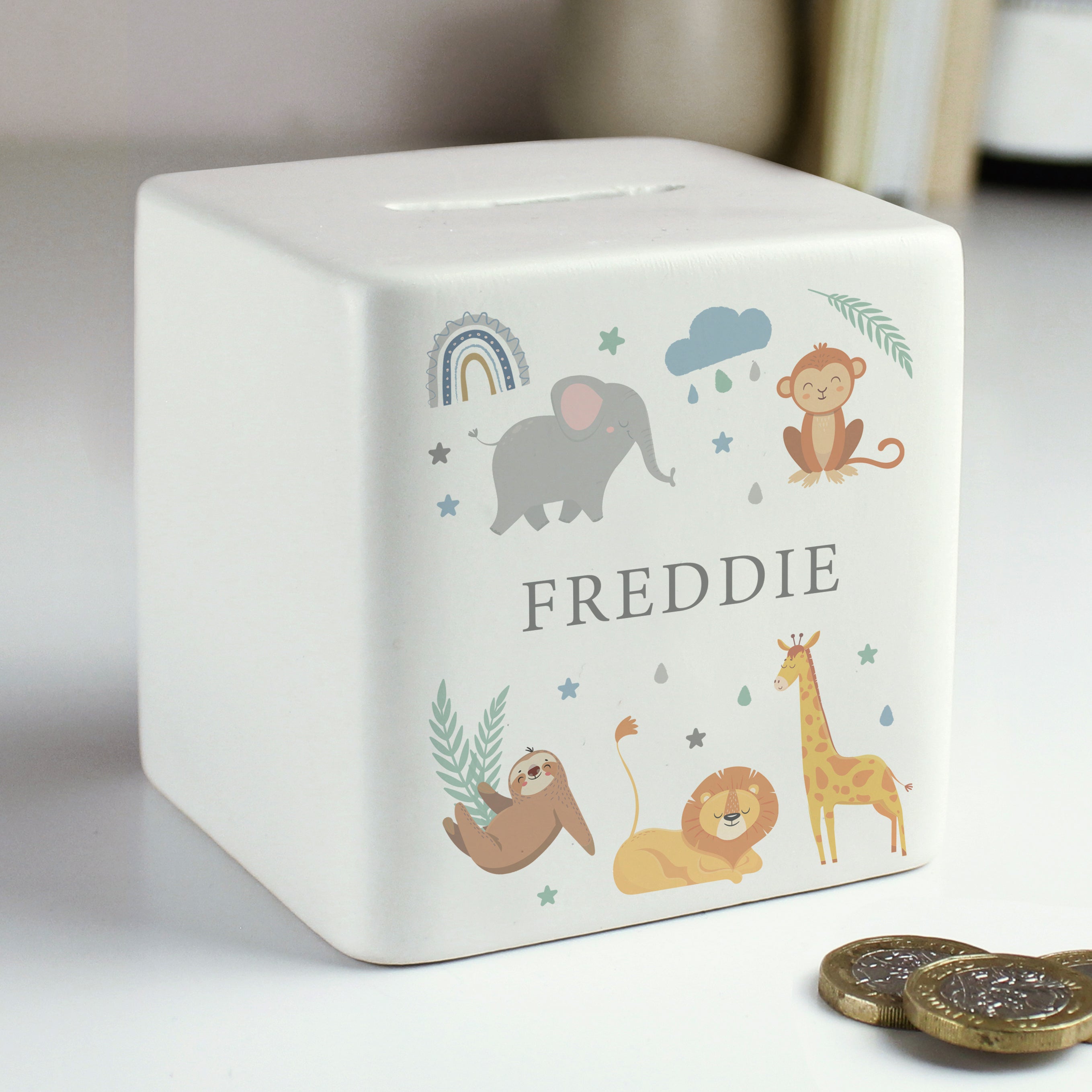 Personalised Safari Animals Ceramic Square Money Box - gift & personalise