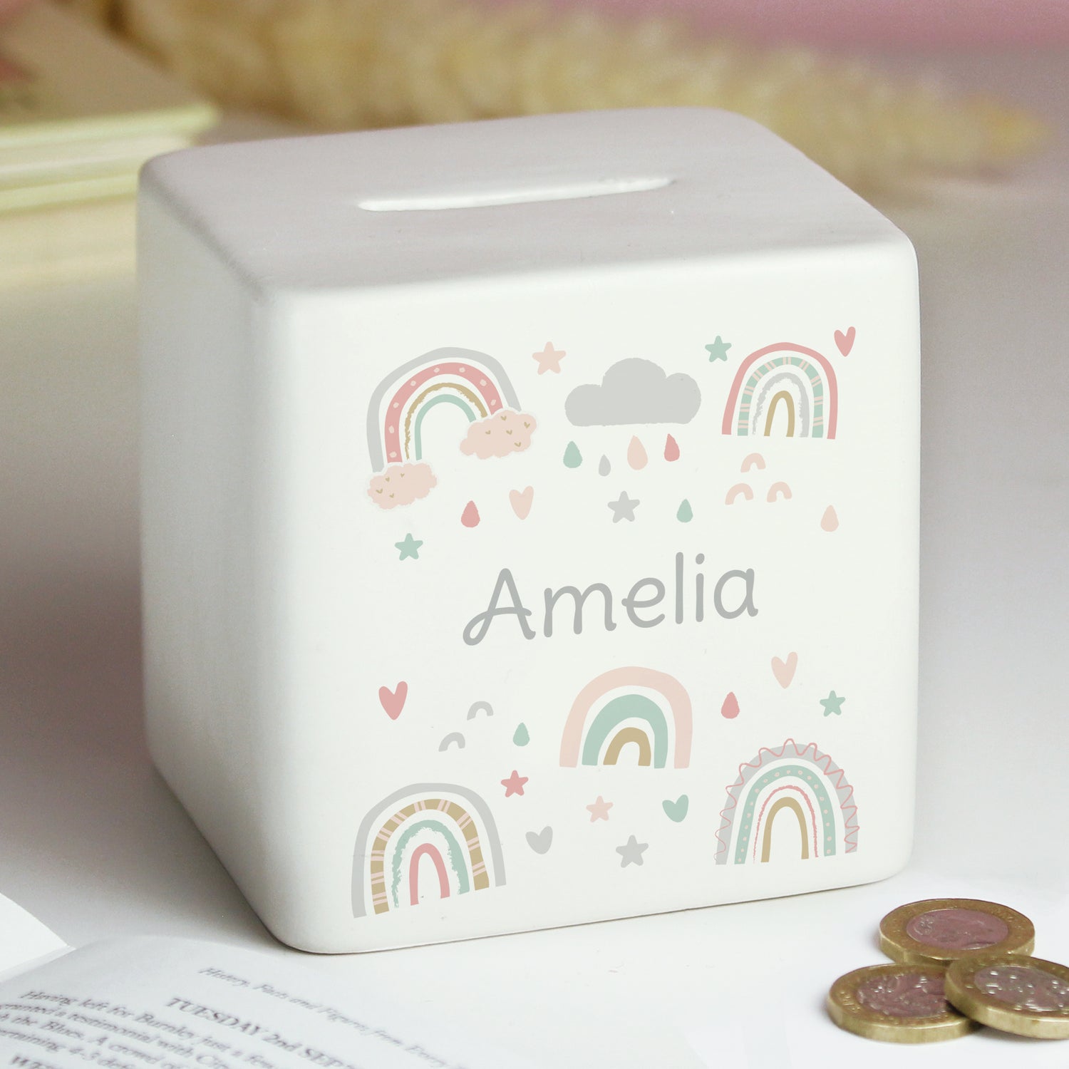 Personalised Rainbow Ceramic Square Money Box - gift & personalise