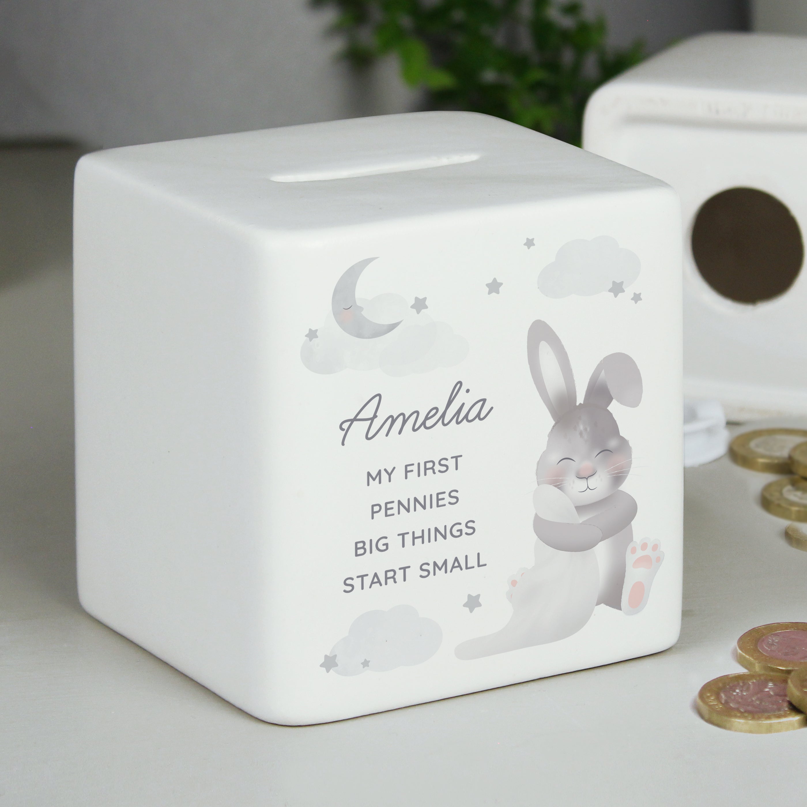 Personalised Baby Bunny Ceramic Square Money Box - gift & personalise