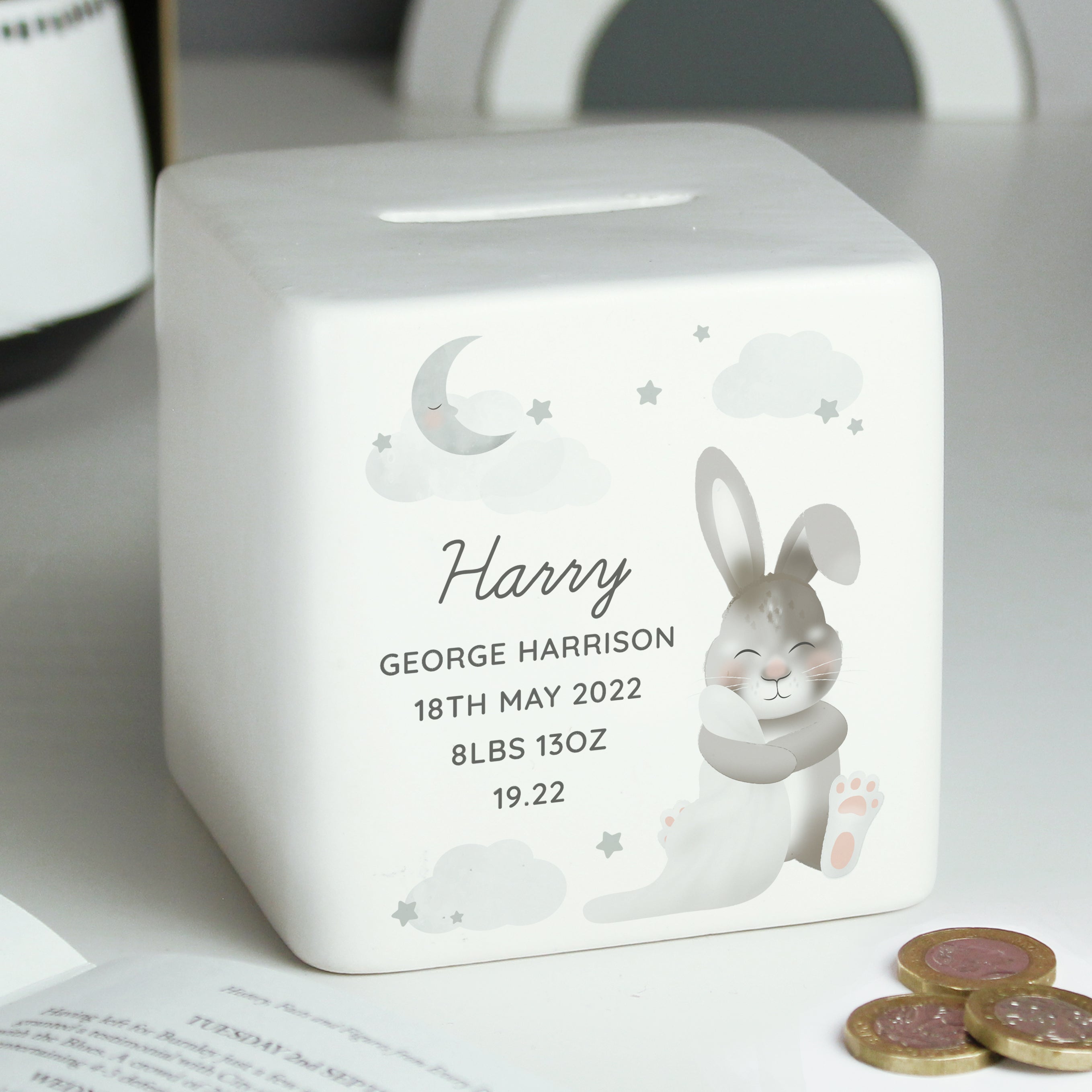 Personalised Baby Bunny Ceramic Square Money Box - gift & personalise