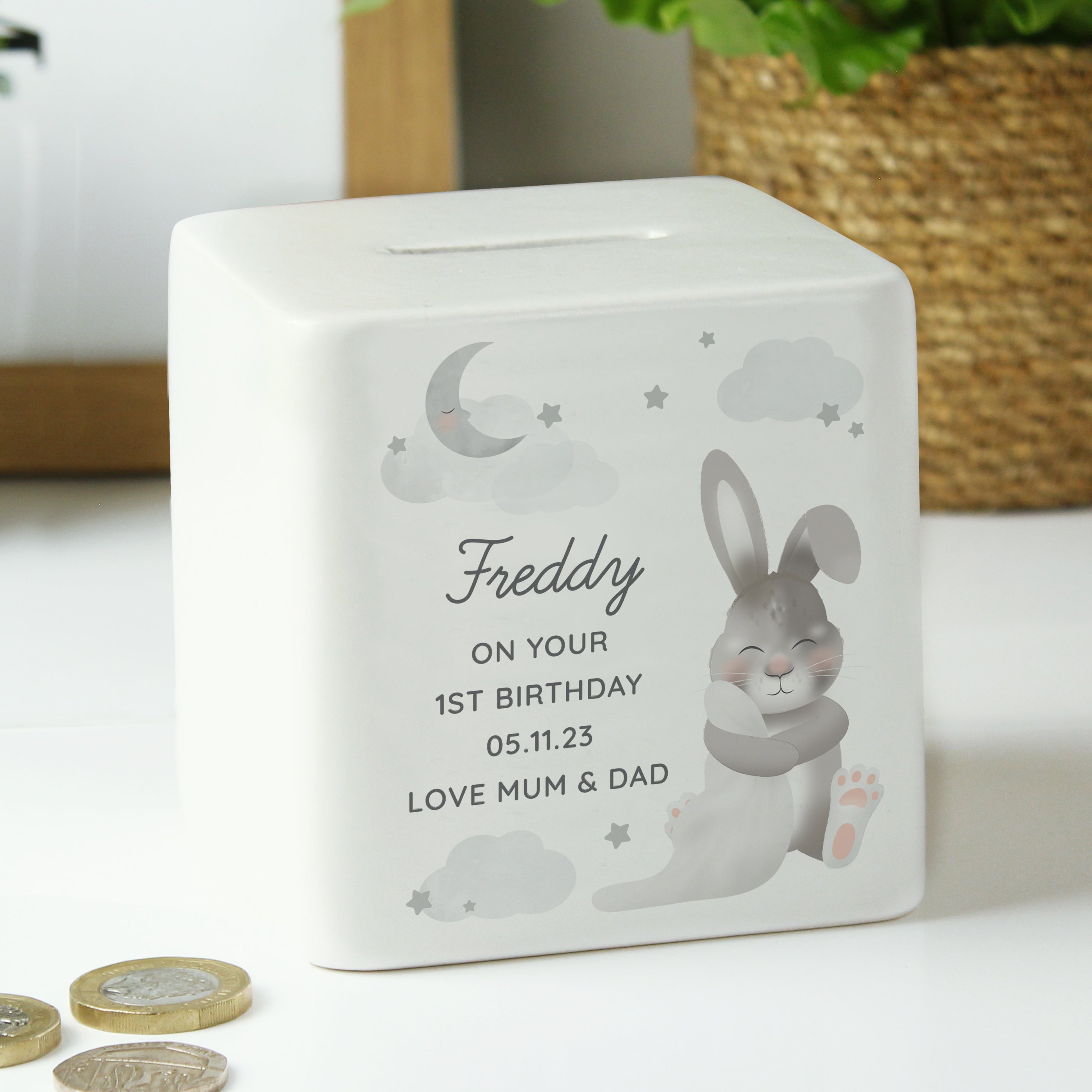 Personalised Baby Bunny Ceramic Square Money Box - gift & personalise