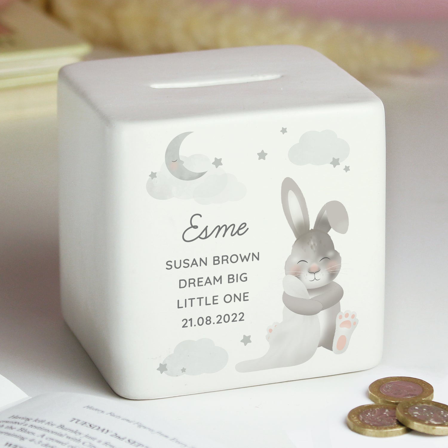 Personalised Baby Bunny Ceramic Square Money Box - gift & personalise