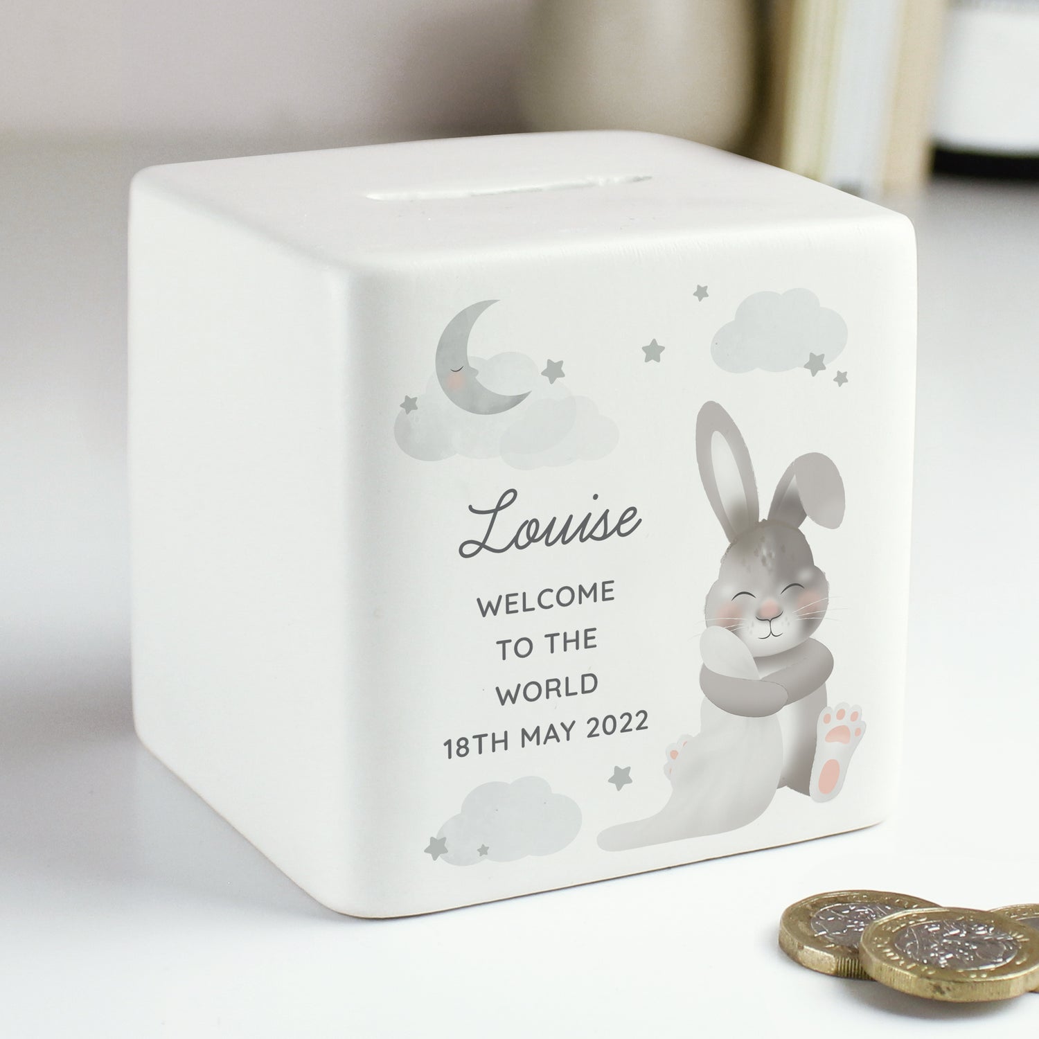 Personalised Baby Bunny Ceramic Square Money Box - gift & personalise