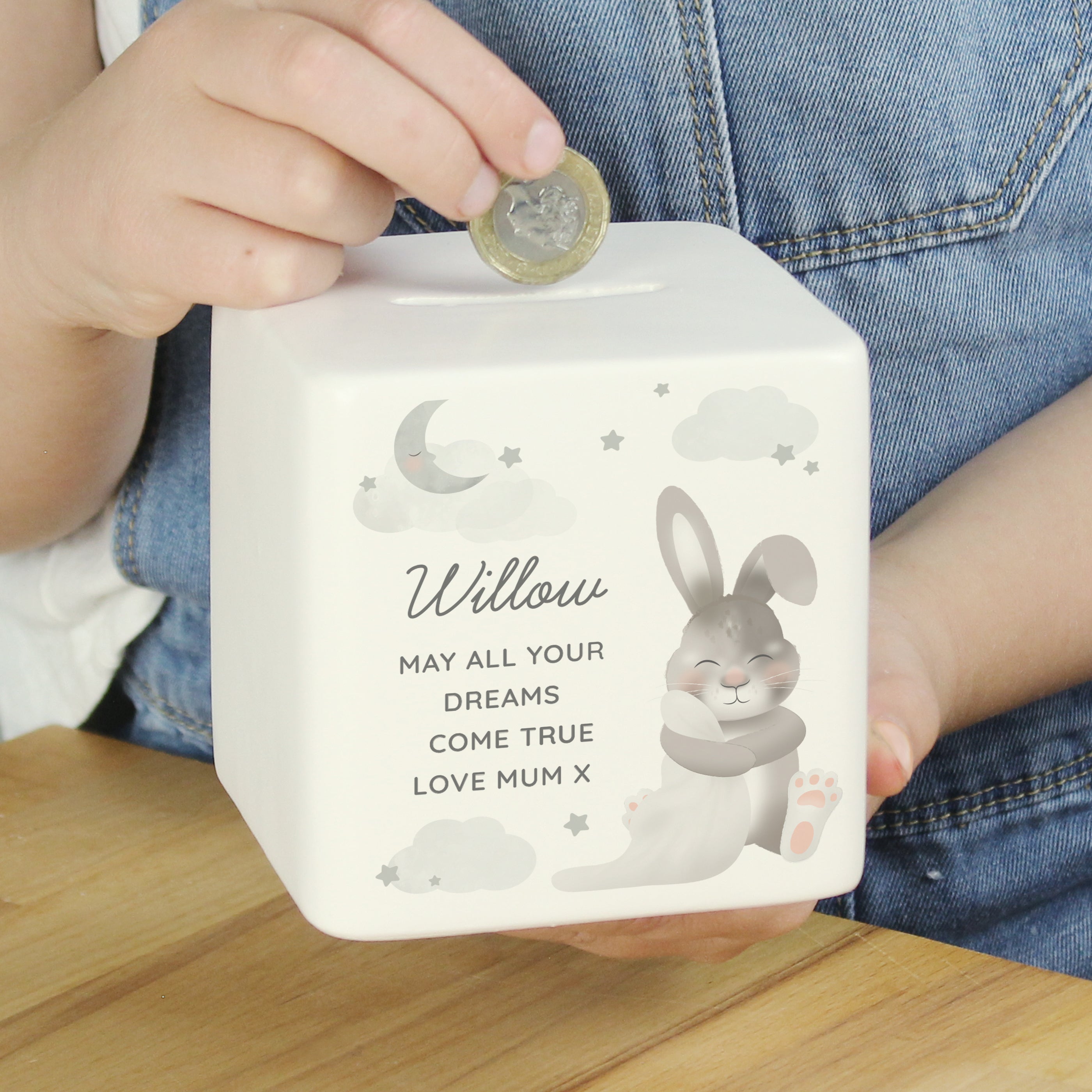 Personalised Baby Bunny Ceramic Square Money Box - gift & personalise