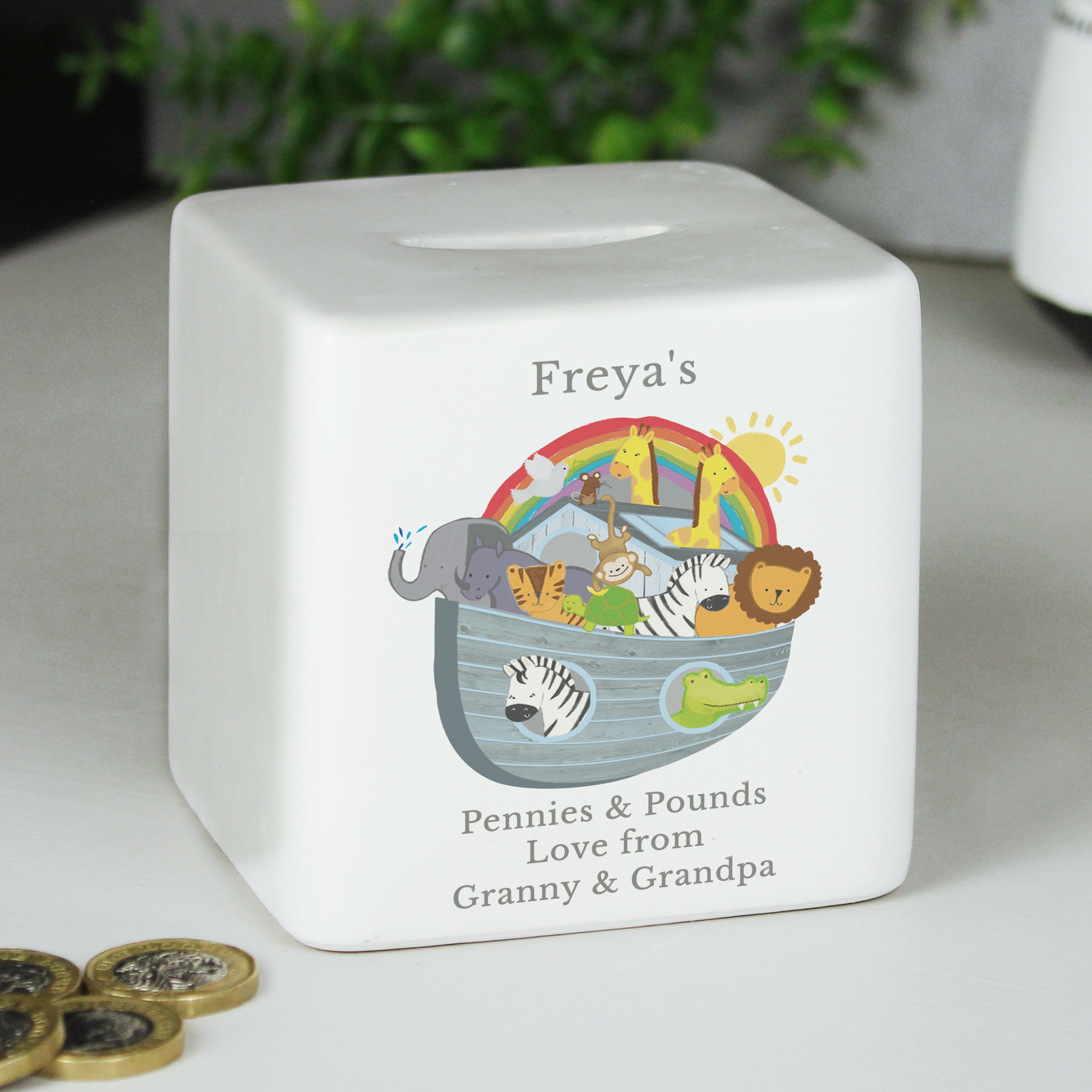 Personalised Noahs Ark Ceramic Square Money Box - gift & personalise