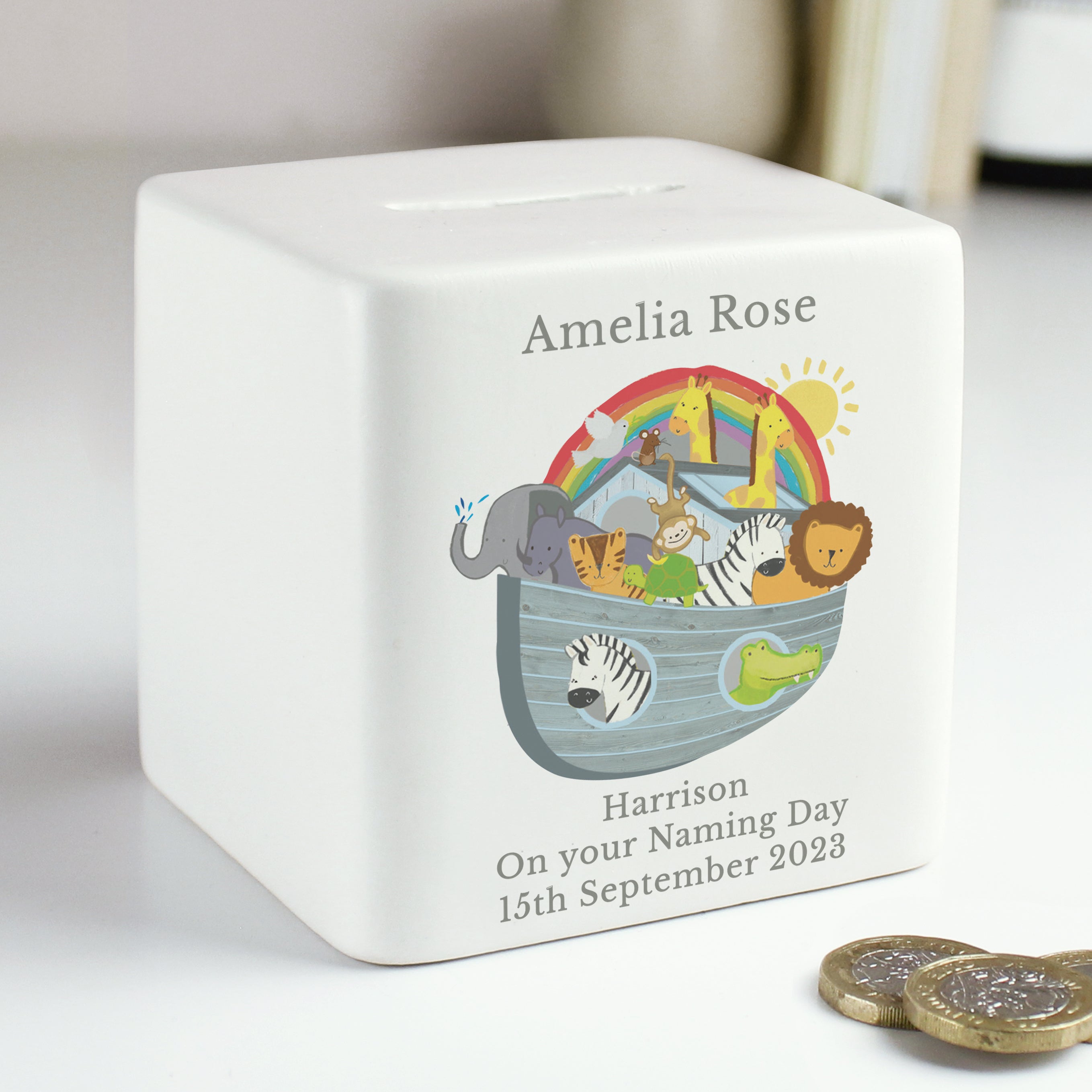 Personalised Noahs Ark Ceramic Square Money Box - gift & personalise