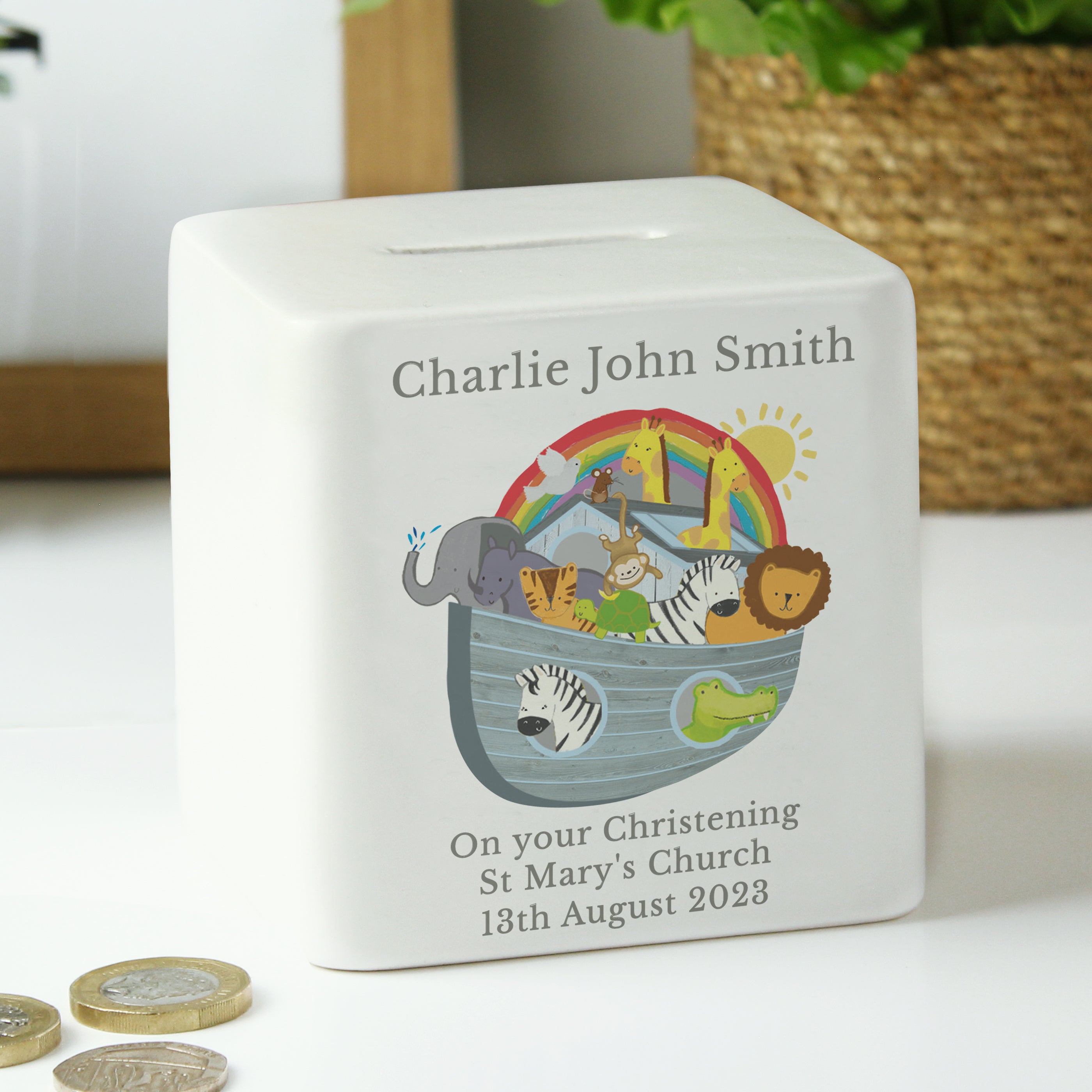 Personalised Noahs Ark Ceramic Square Money Box - gift & personalise