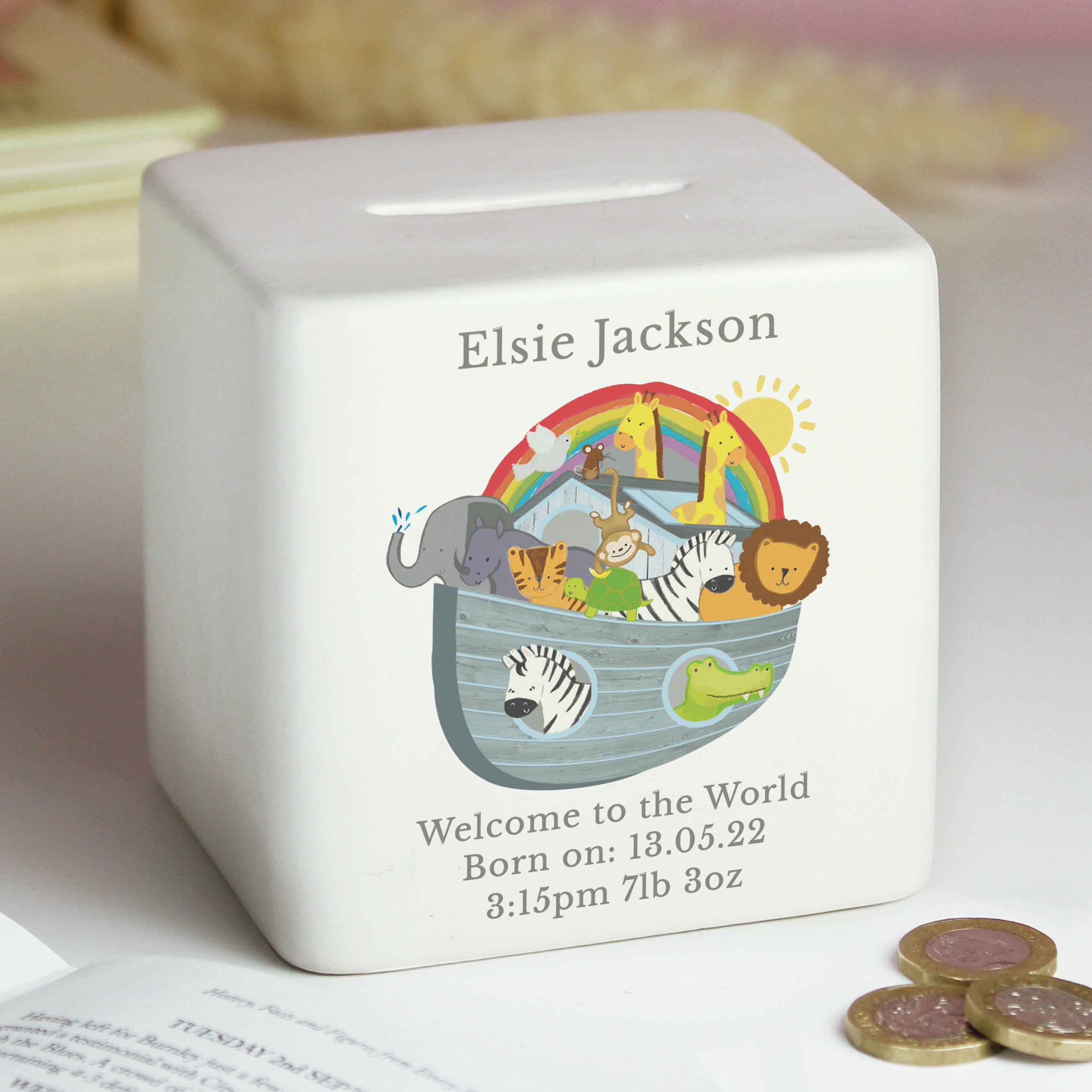 Personalised Noahs Ark Ceramic Square Money Box - gift & personalise