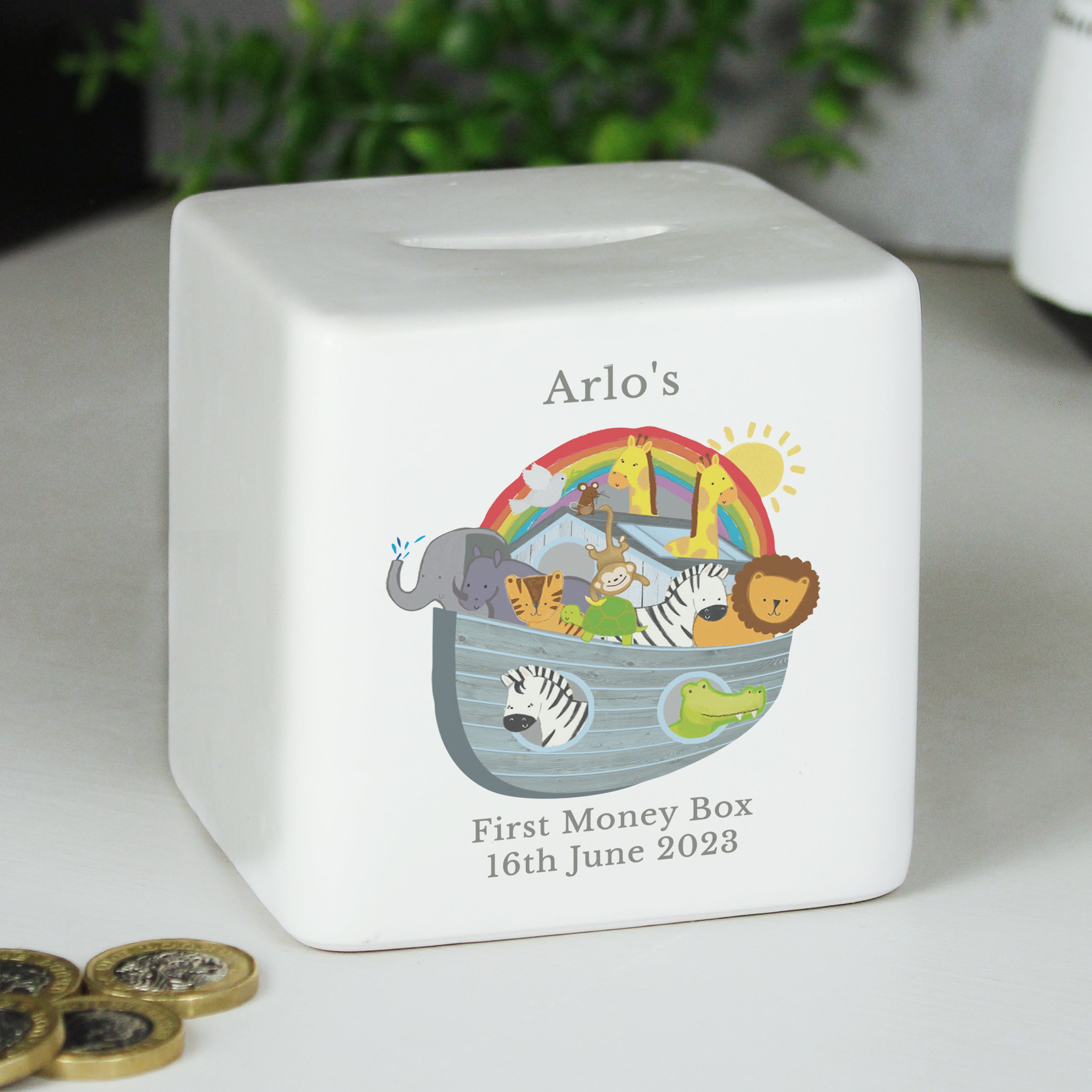 Personalised Noahs Ark Ceramic Square Money Box - gift & personalise