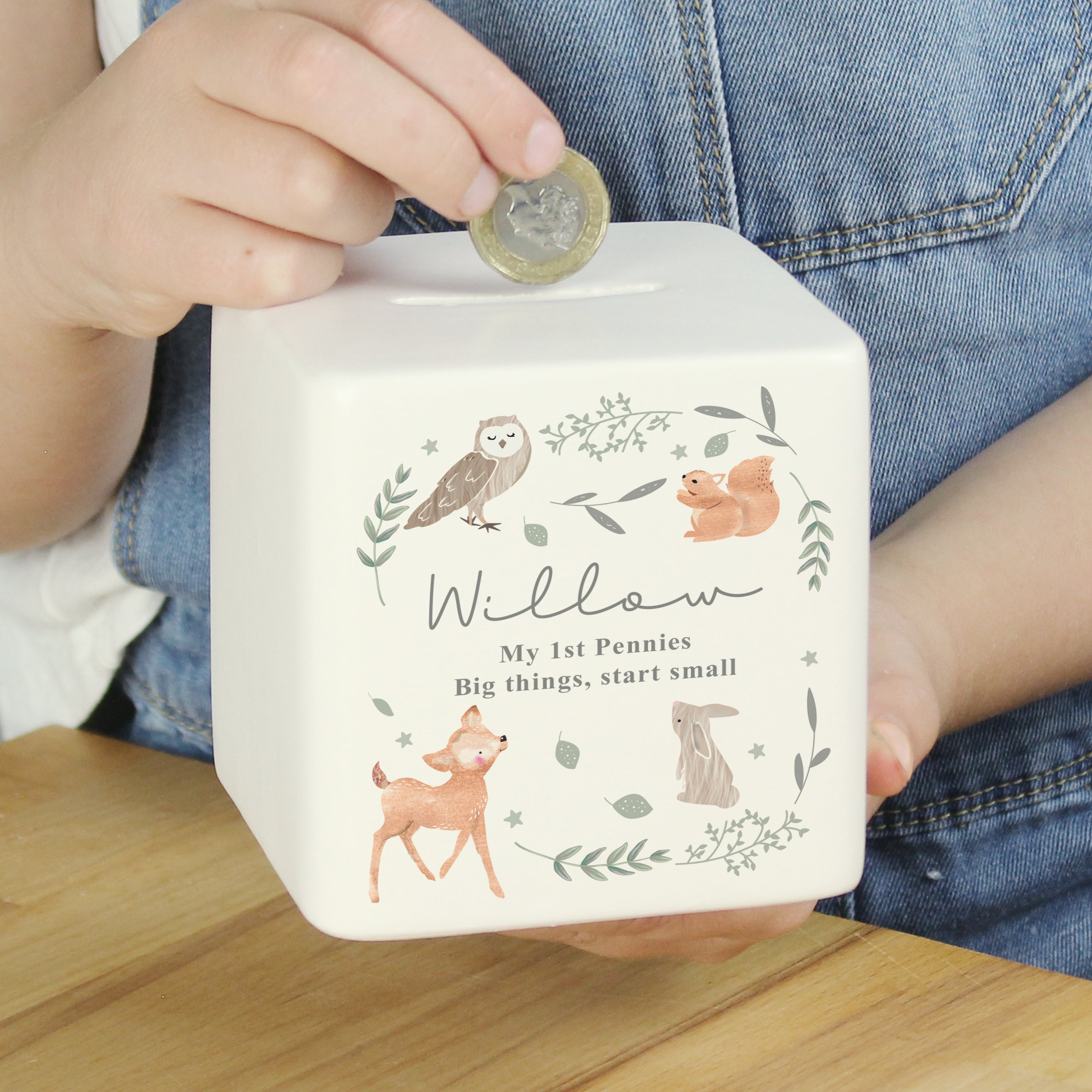 Personalised Woodland Animals Ceramic Square Money Box - gift & personalise