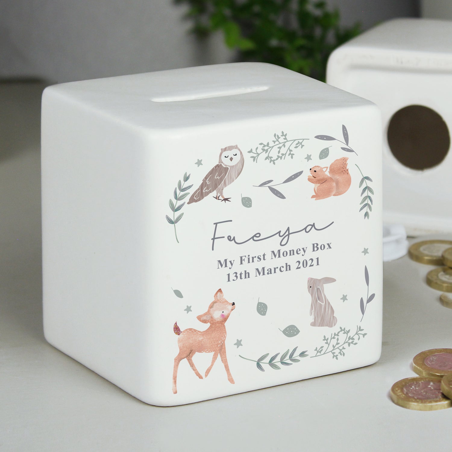 Personalised Woodland Animals Ceramic Square Money Box - gift & personalise