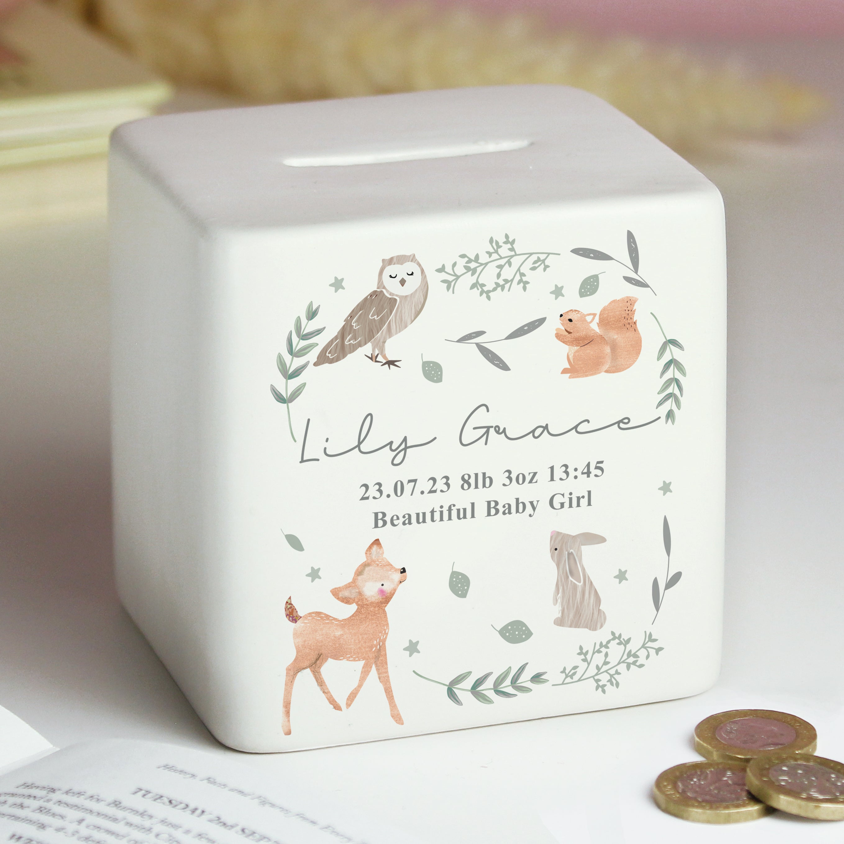 Personalised Woodland Animals Ceramic Square Money Box - gift & personalise