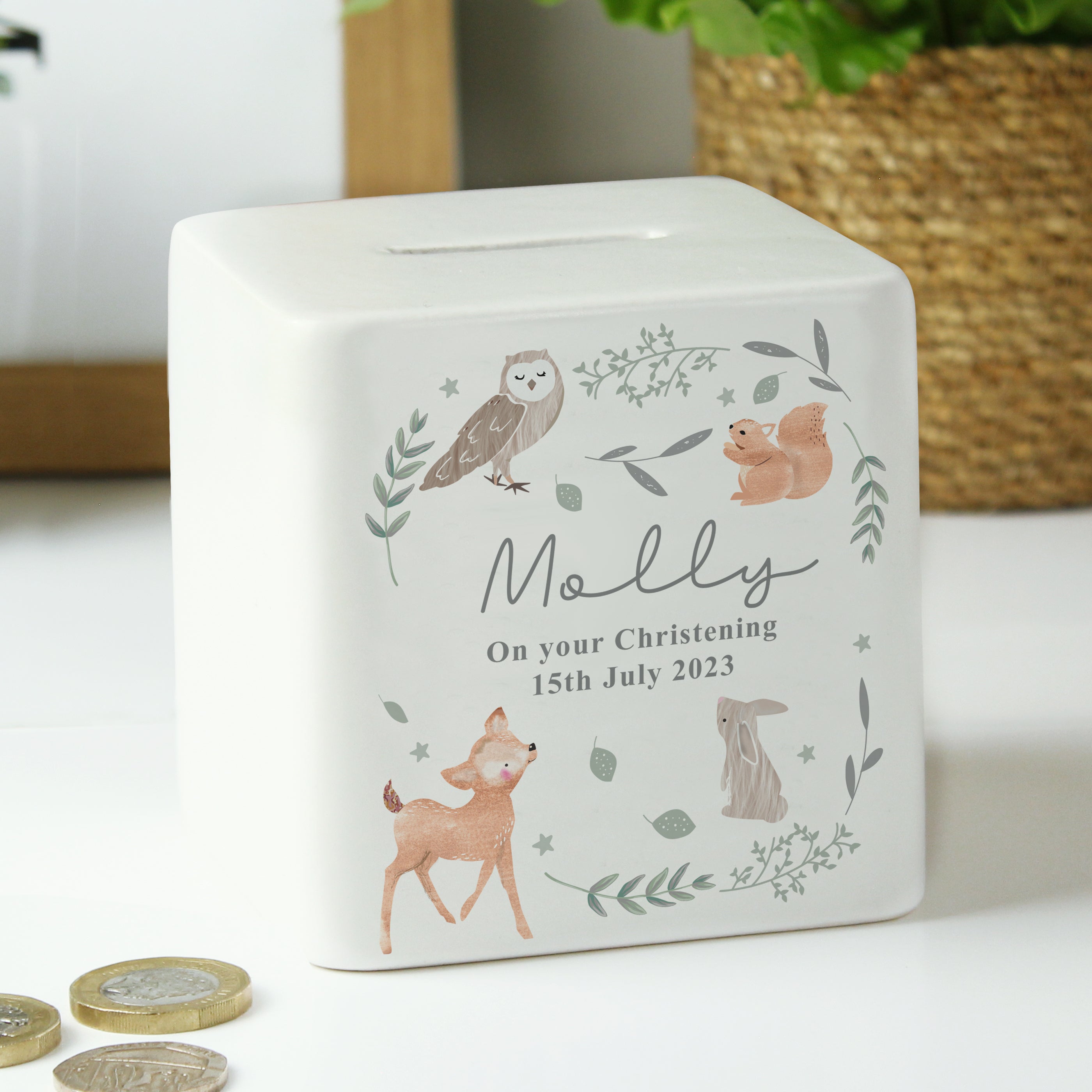 Personalised Woodland Animals Ceramic Square Money Box - gift & personalise