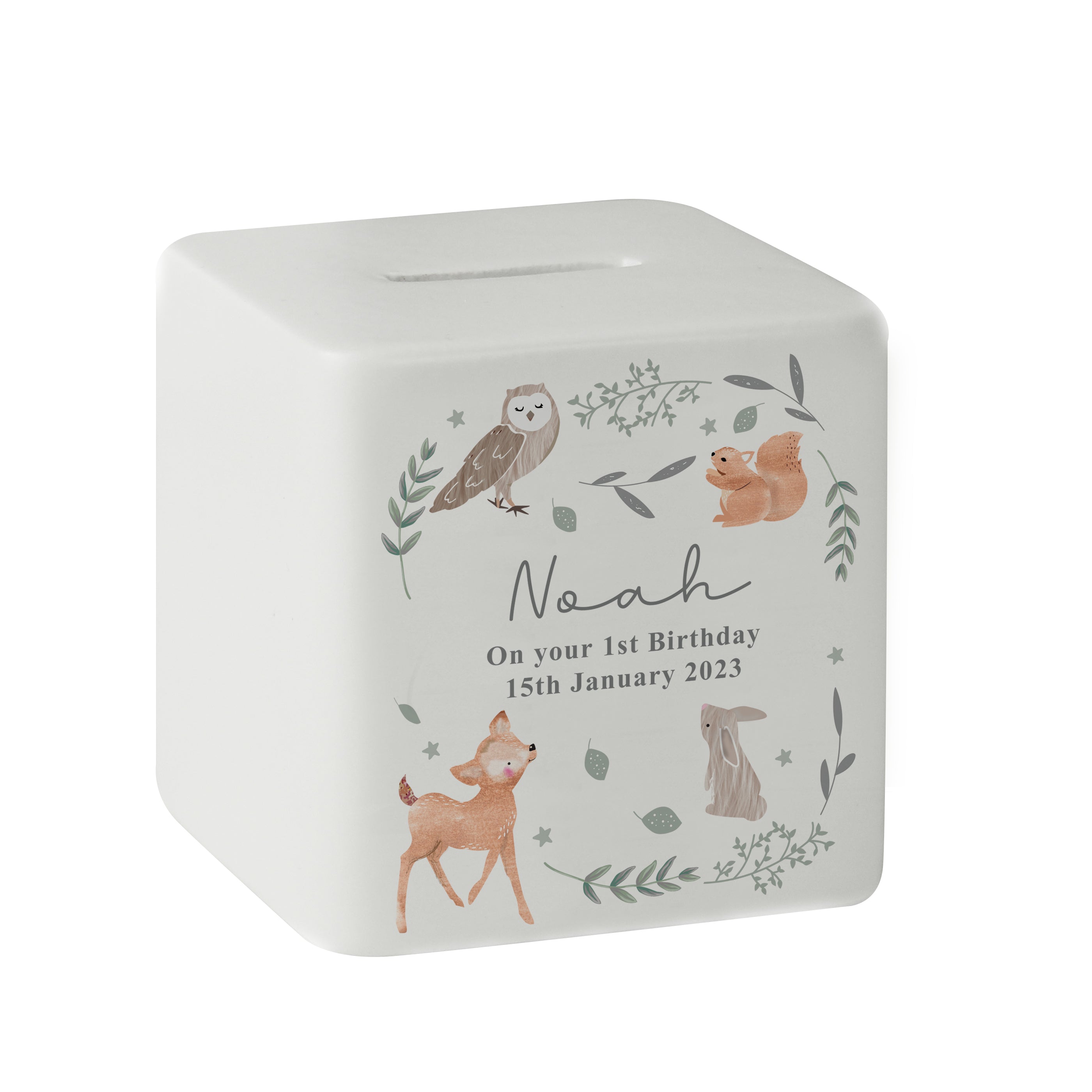 Personalised Woodland Animals Ceramic Square Money Box - gift & personalise