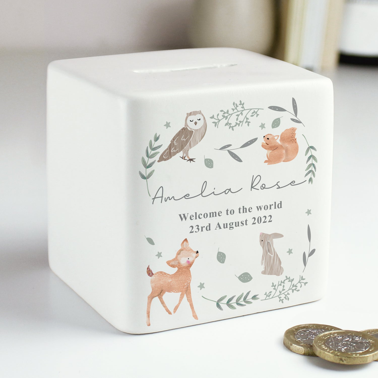 Personalised Woodland Animals Ceramic Square Money Box - gift & personalise