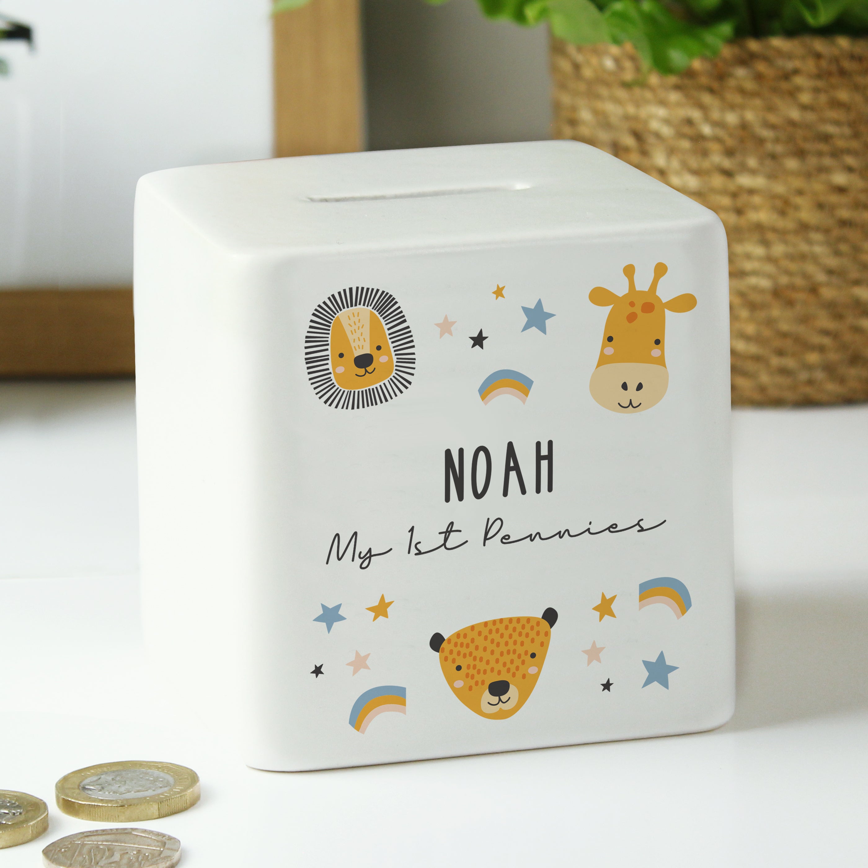 Personalised Scandi Safari Animals Ceramic Square Money Box - gift & personalise