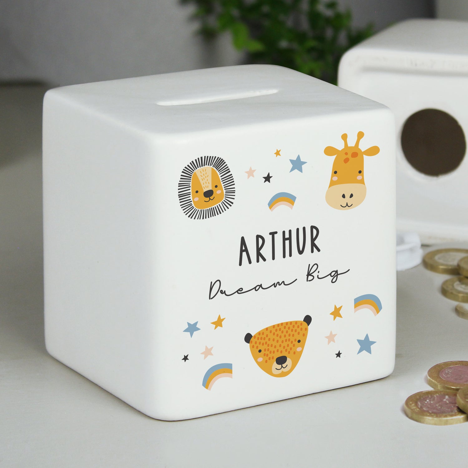 Personalised Scandi Safari Animals Ceramic Square Money Box - gift & personalise