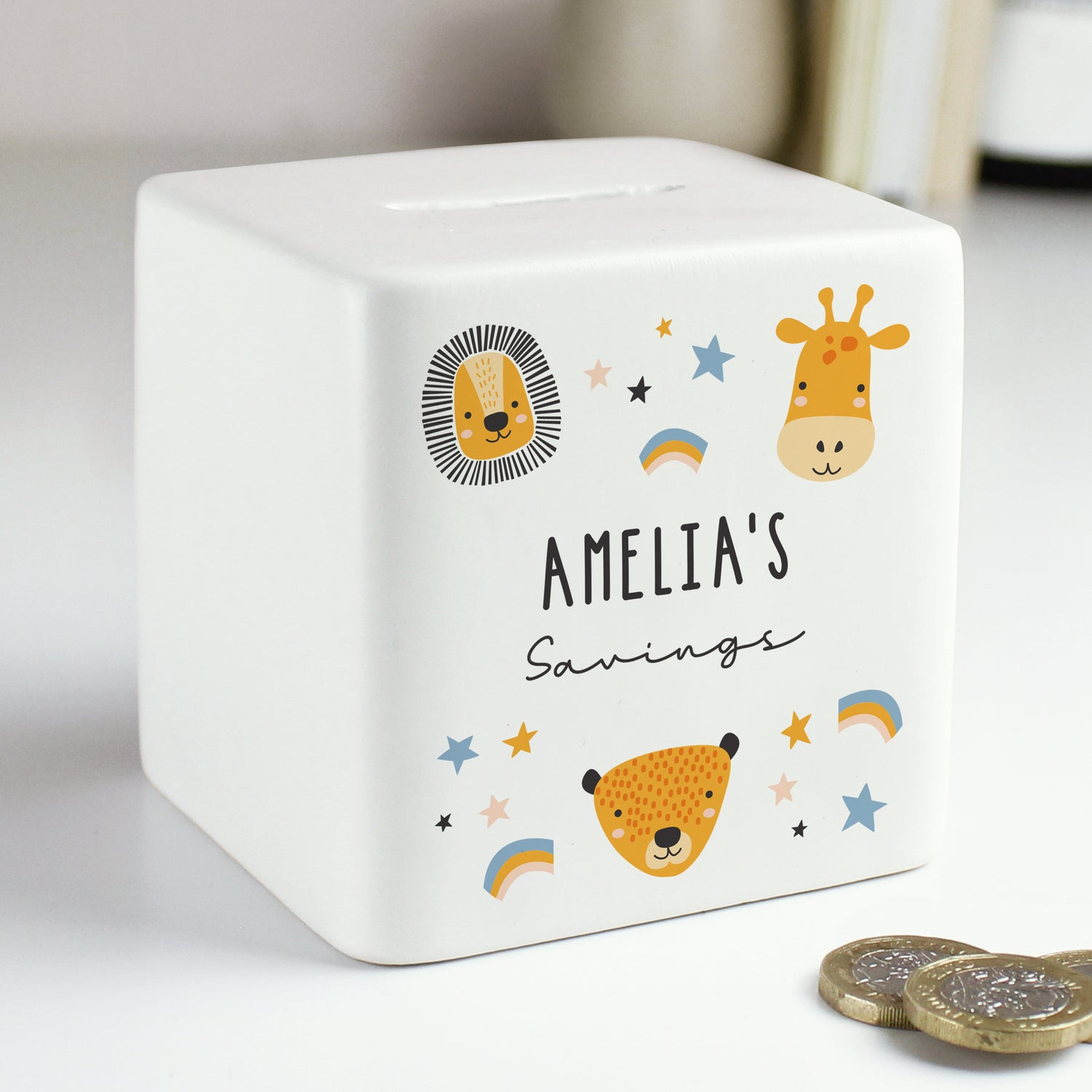 Personalised Scandi Safari Animals Ceramic Square Money Box - gift & personalise