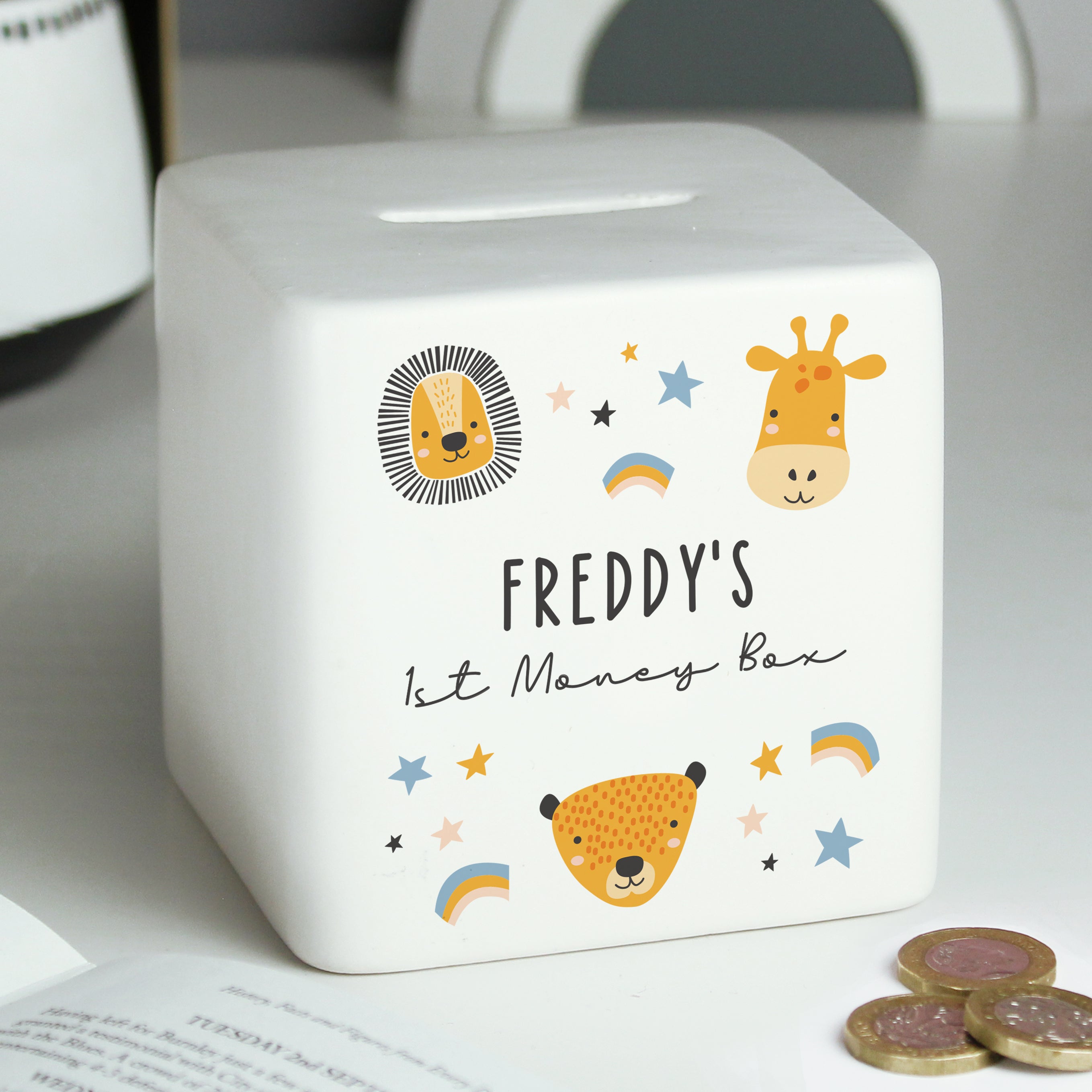 Personalised Scandi Safari Animals Ceramic Square Money Box - gift & personalise