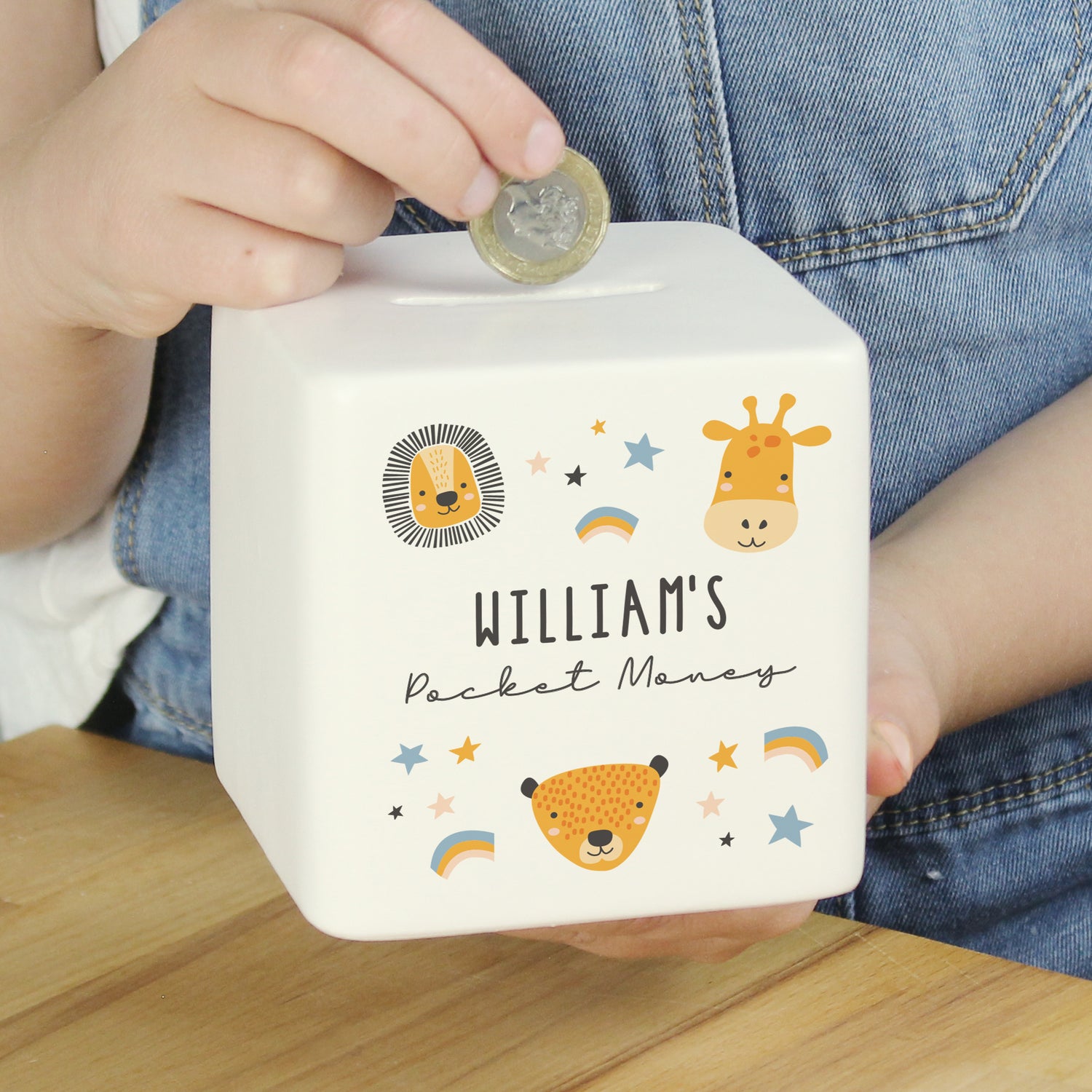 Personalised Scandi Safari Animals Ceramic Square Money Box - gift & personalise