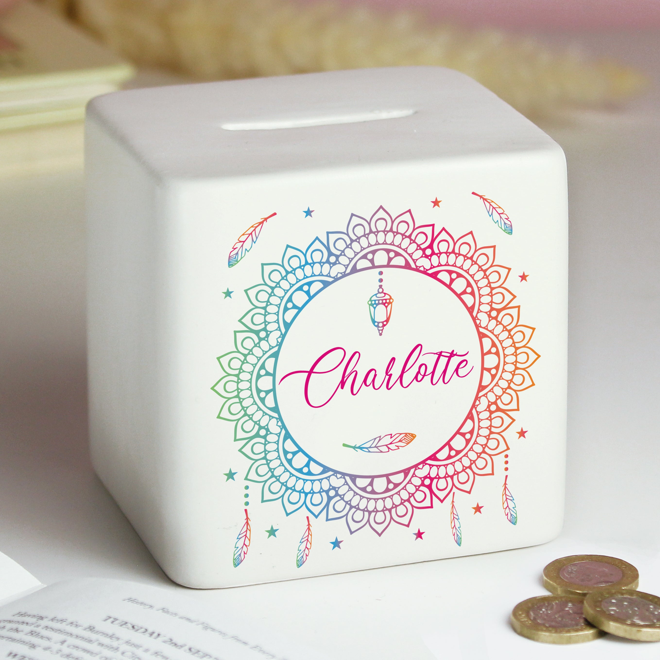 Personalised Dreamcatcher Ceramic Square Money Box - gift & personalise