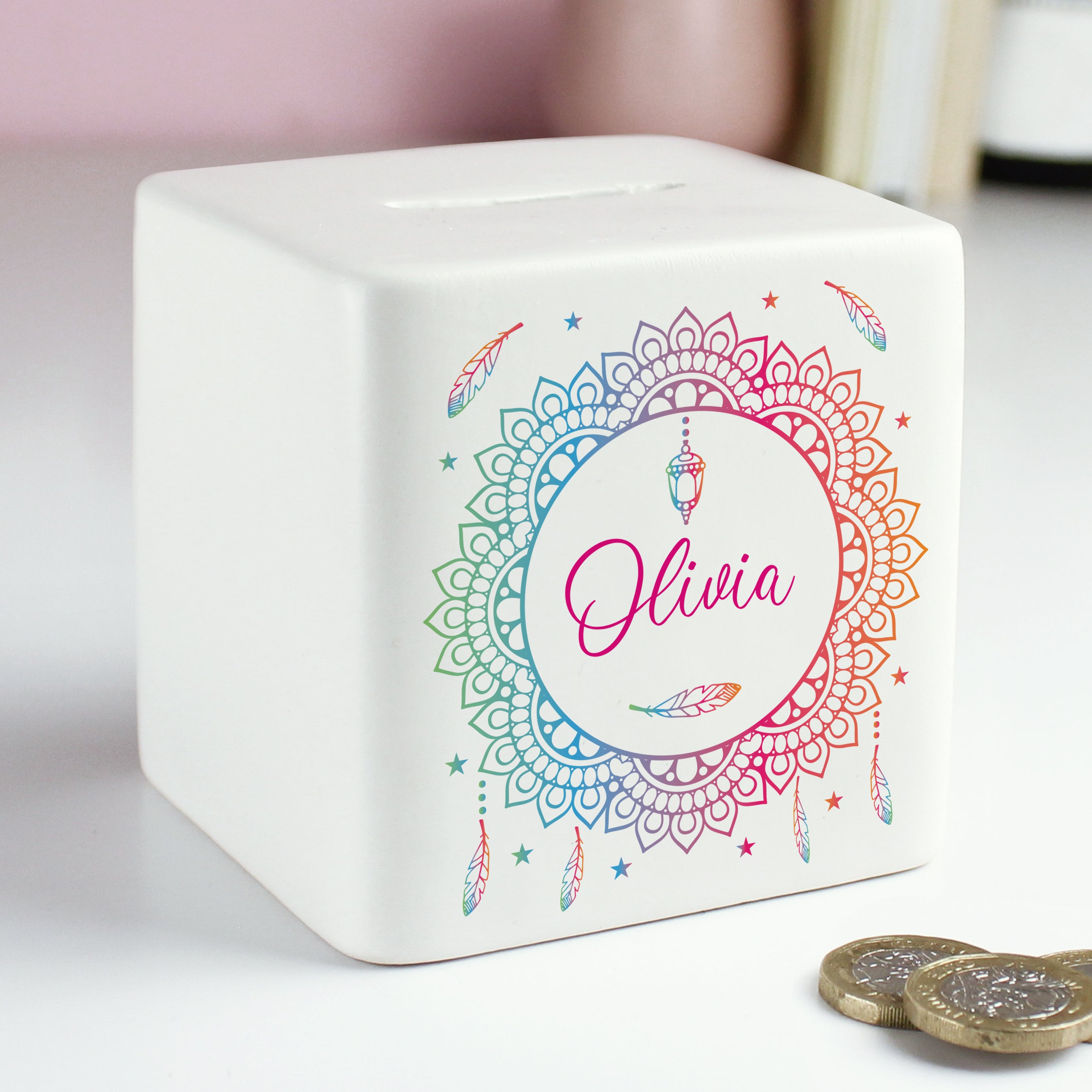 Personalised Dreamcatcher Ceramic Square Money Box - gift & personalise