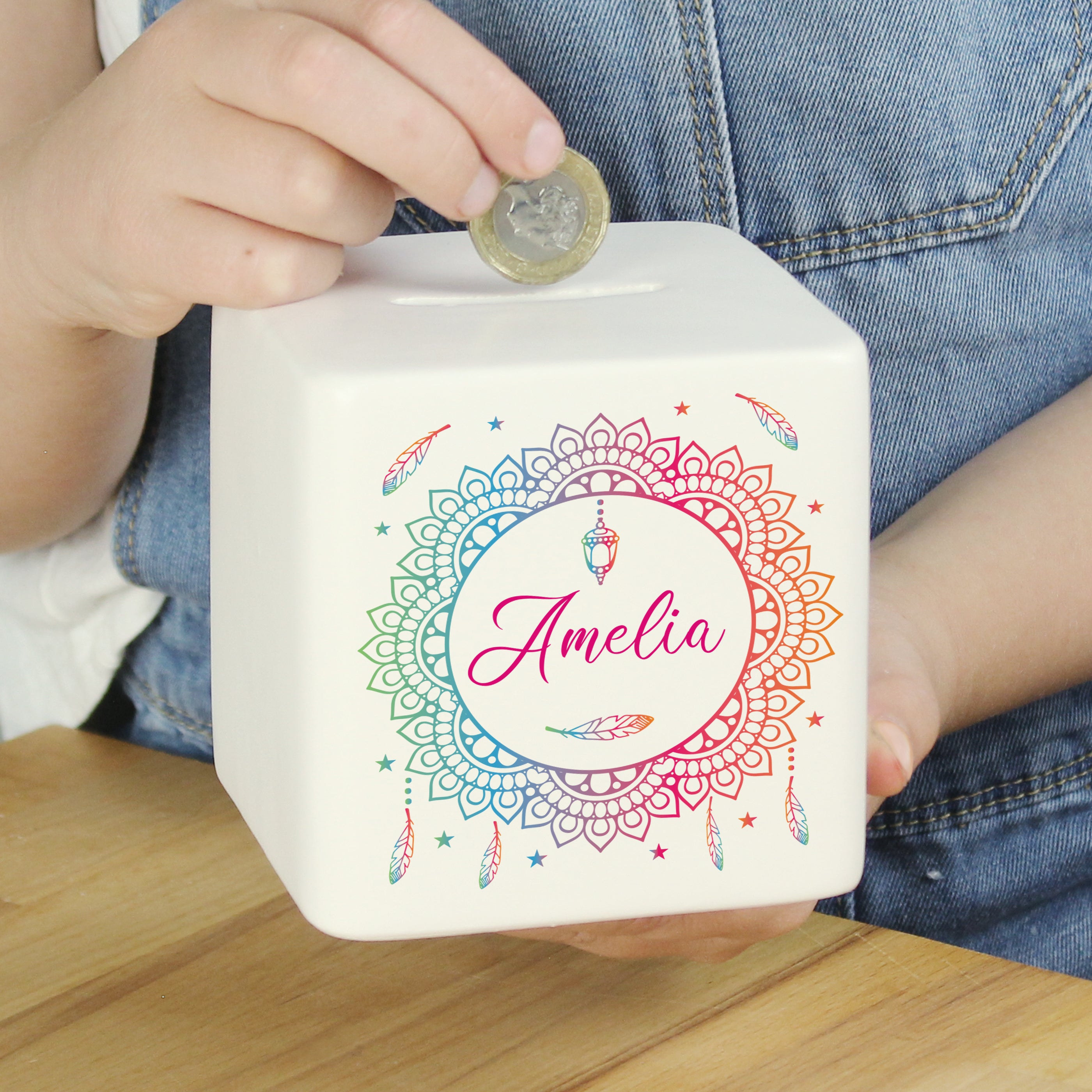 Personalised Dreamcatcher Ceramic Square Money Box - gift & personalise