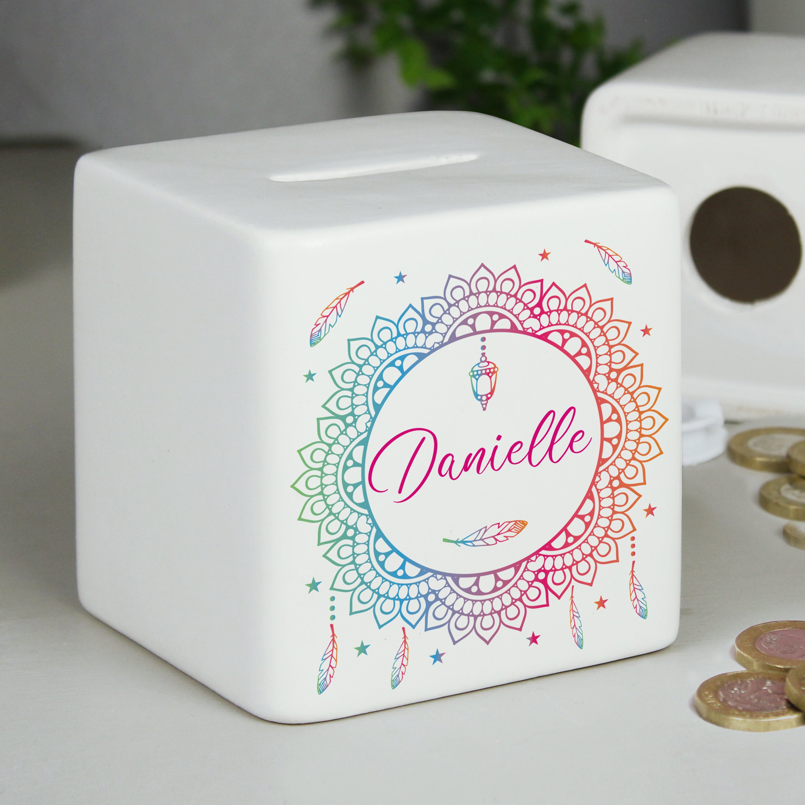 Personalised Dreamcatcher Ceramic Square Money Box - gift & personalise