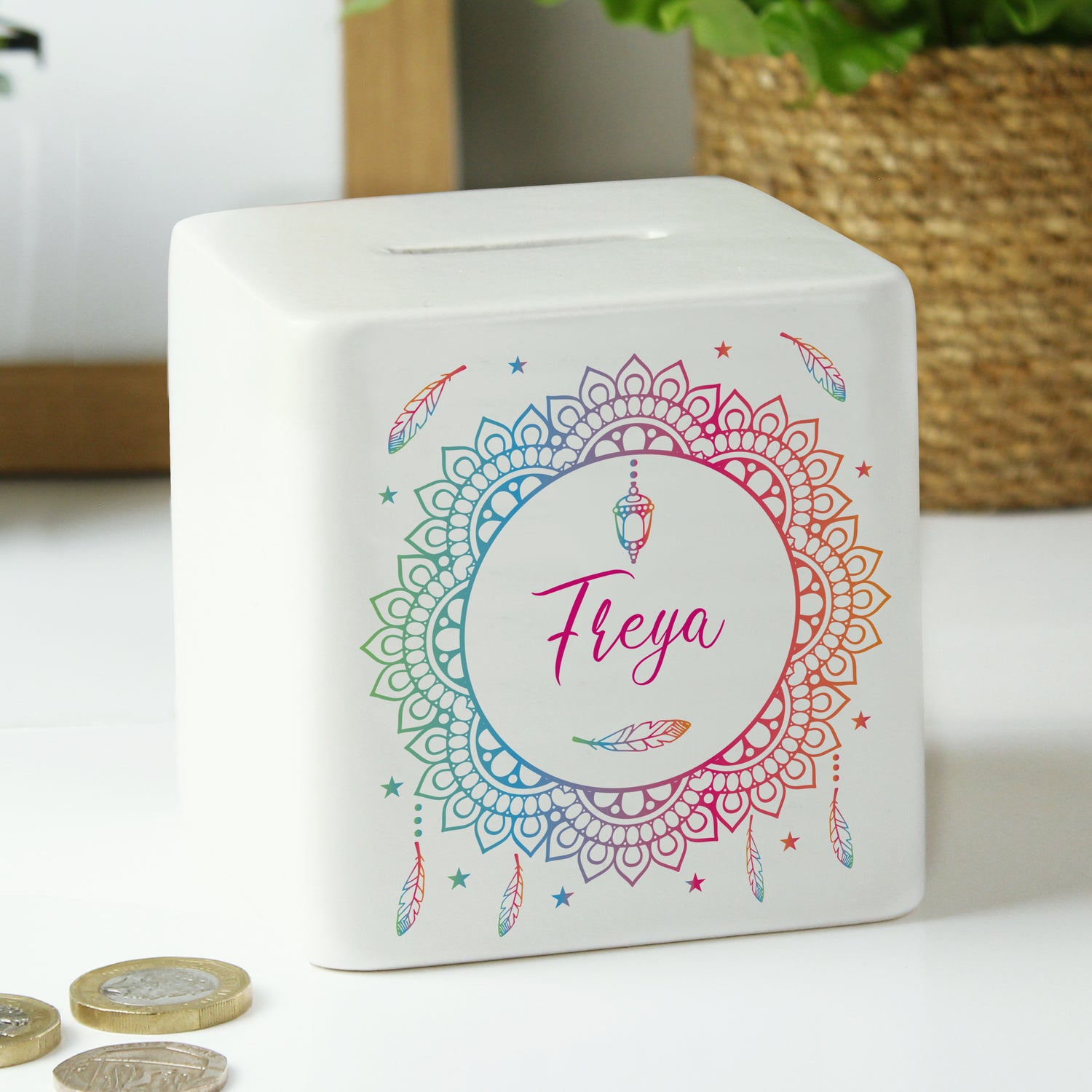 Personalised Dreamcatcher Ceramic Square Money Box - gift & personalise