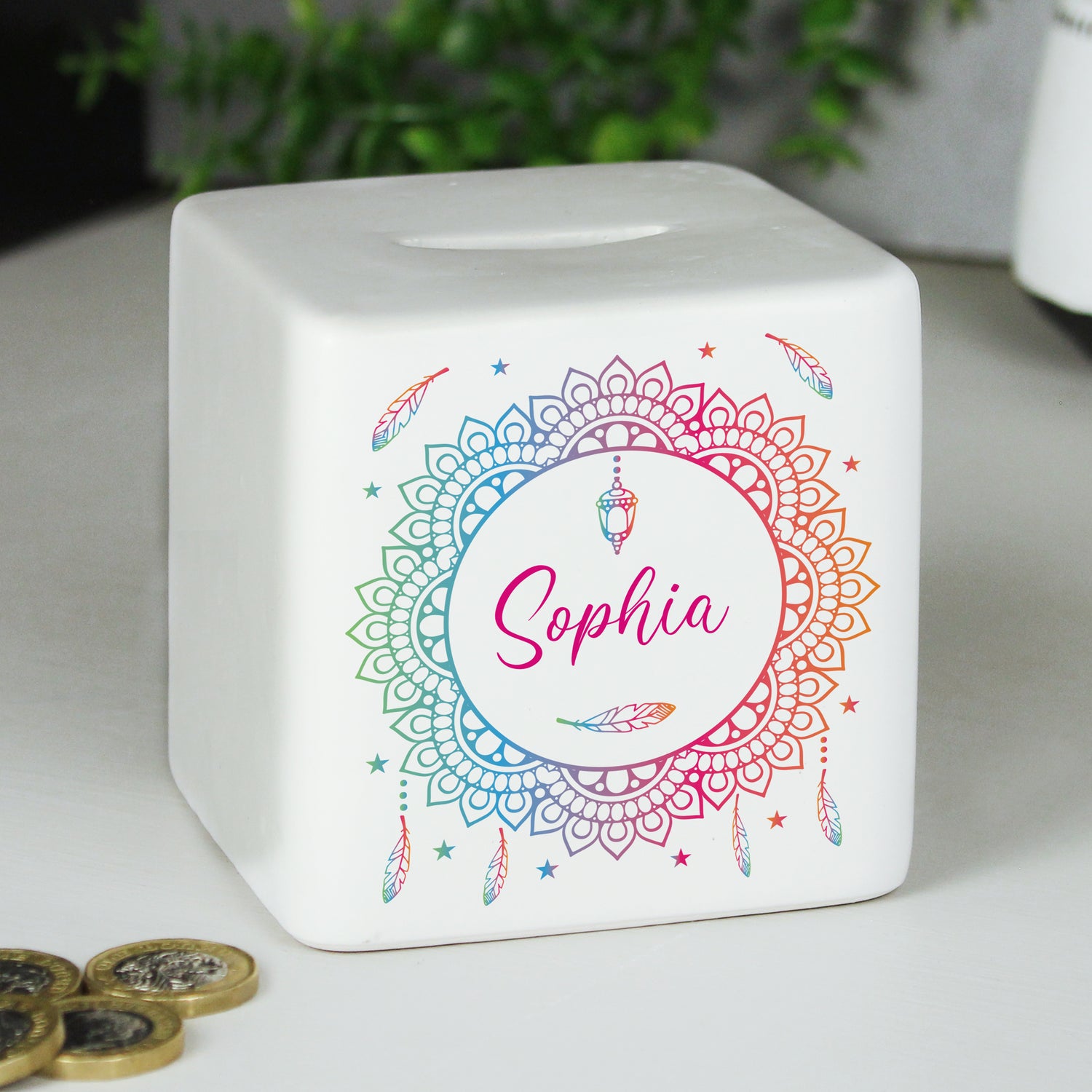 Personalised Dreamcatcher Ceramic Square Money Box - gift & personalise