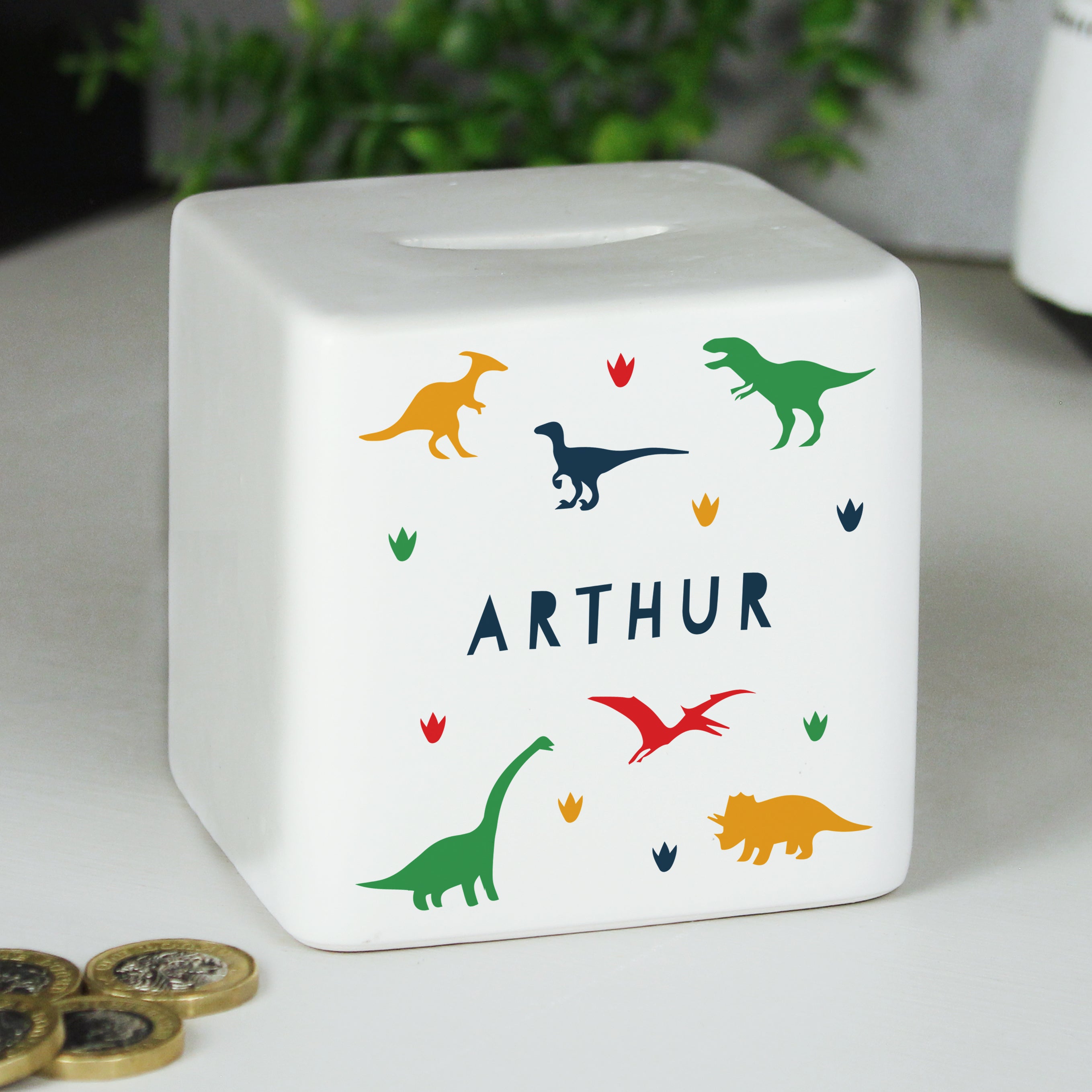 Personalised Dinosaur Ceramic Square Money Box - gift & personalise