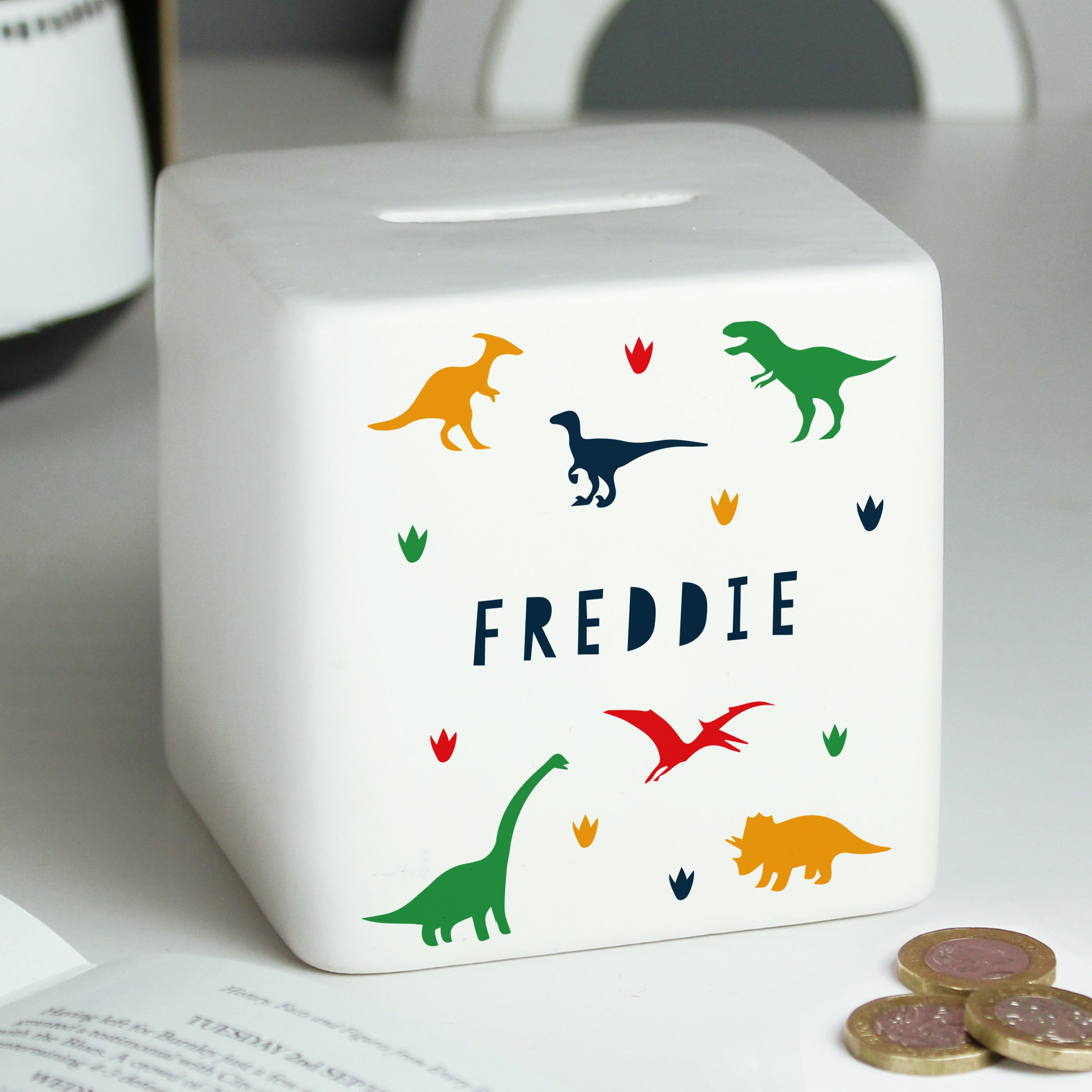 Personalised Dinosaur Ceramic Square Money Box - gift & personalise