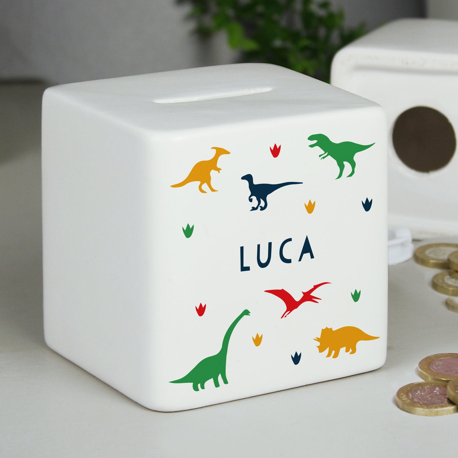 Personalised Dinosaur Ceramic Square Money Box - gift & personalise