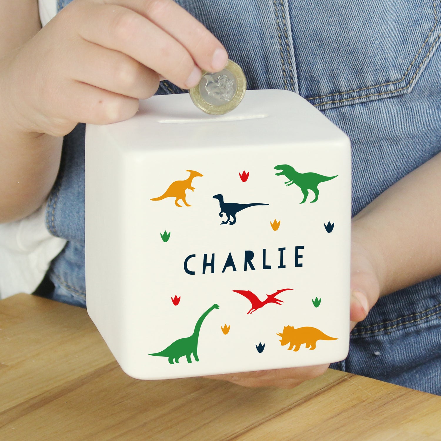 Personalised Dinosaur Ceramic Square Money Box - gift & personalise