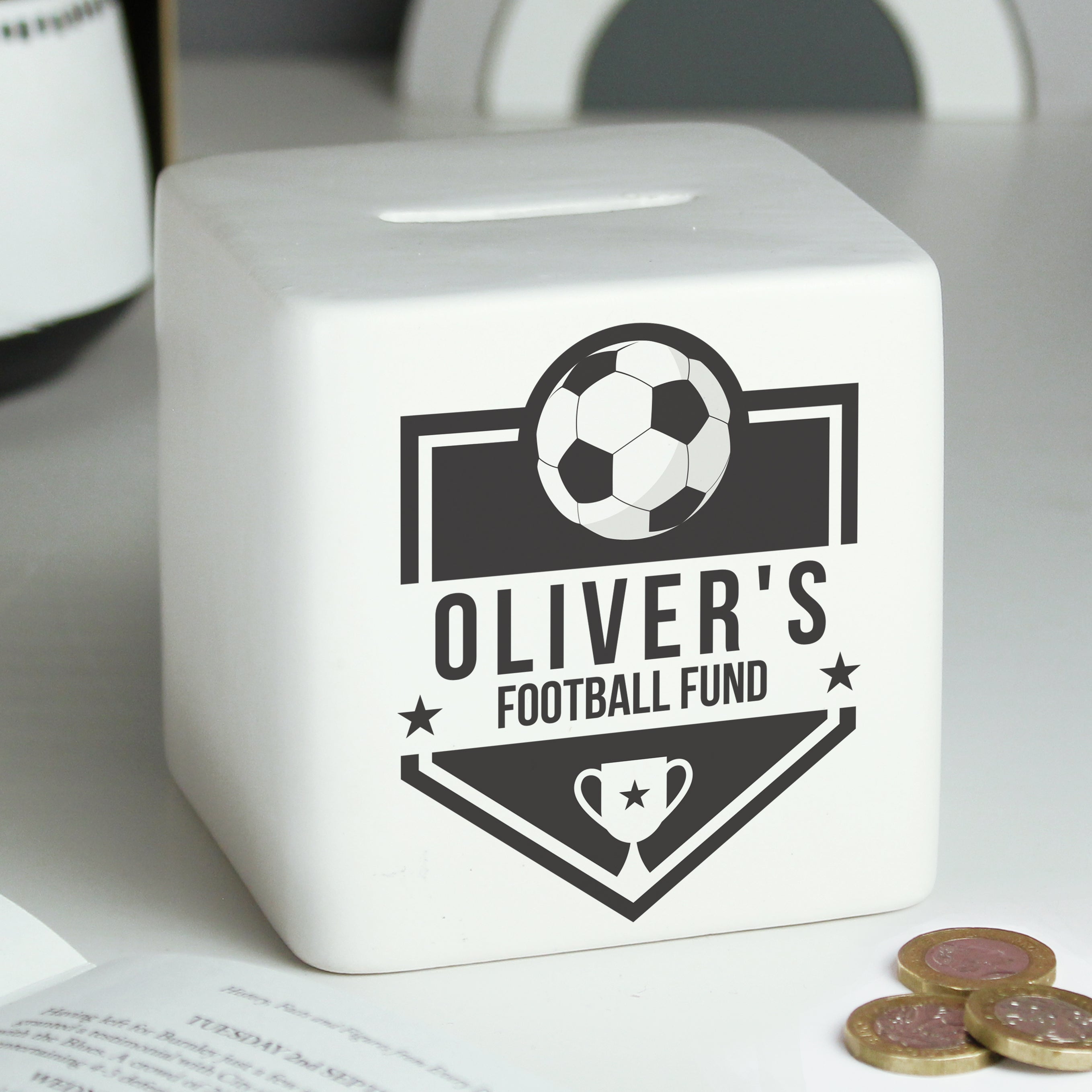 Personalised Football Badge Ceramic Square Money Box - gift & personalise