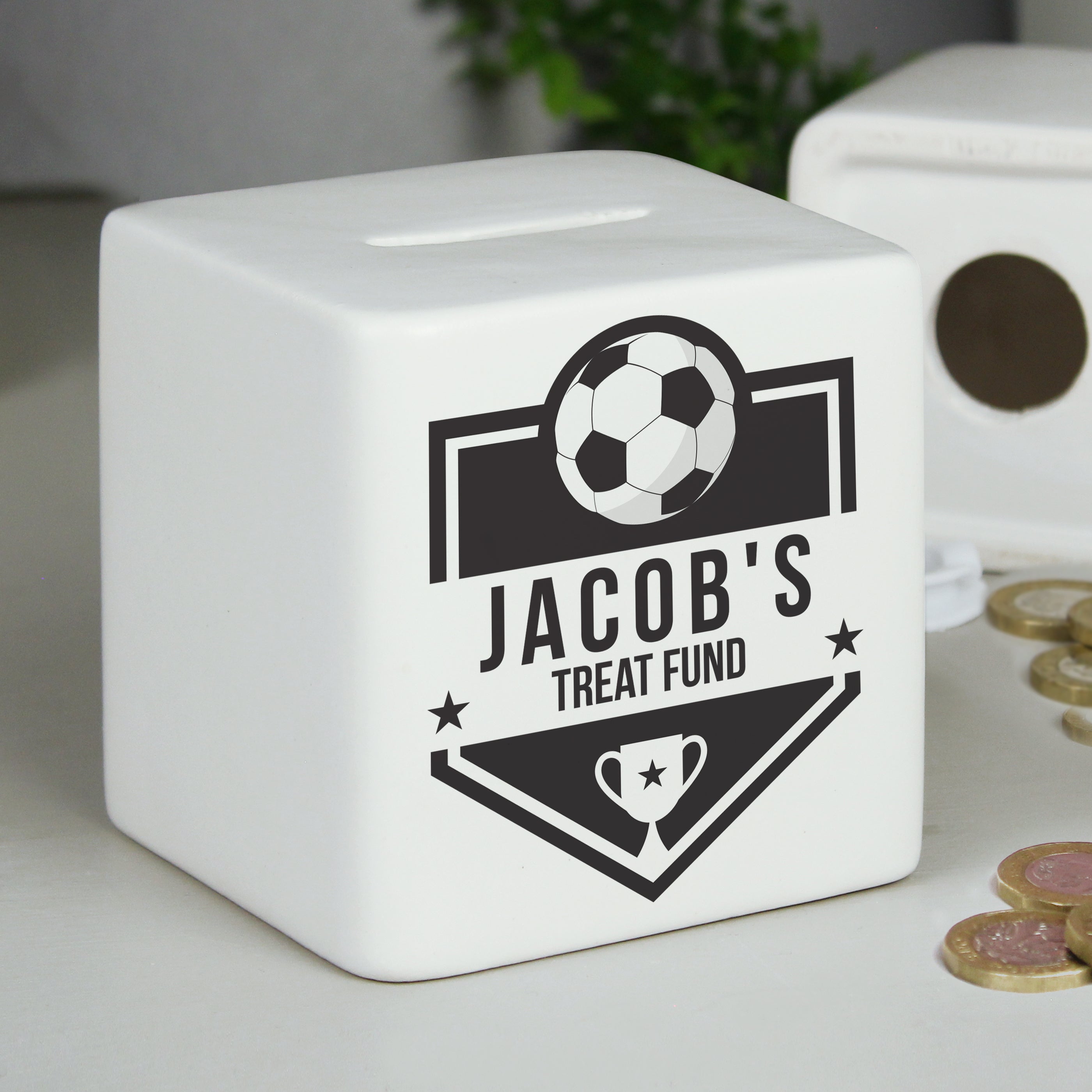 Personalised Football Badge Ceramic Square Money Box - gift & personalise