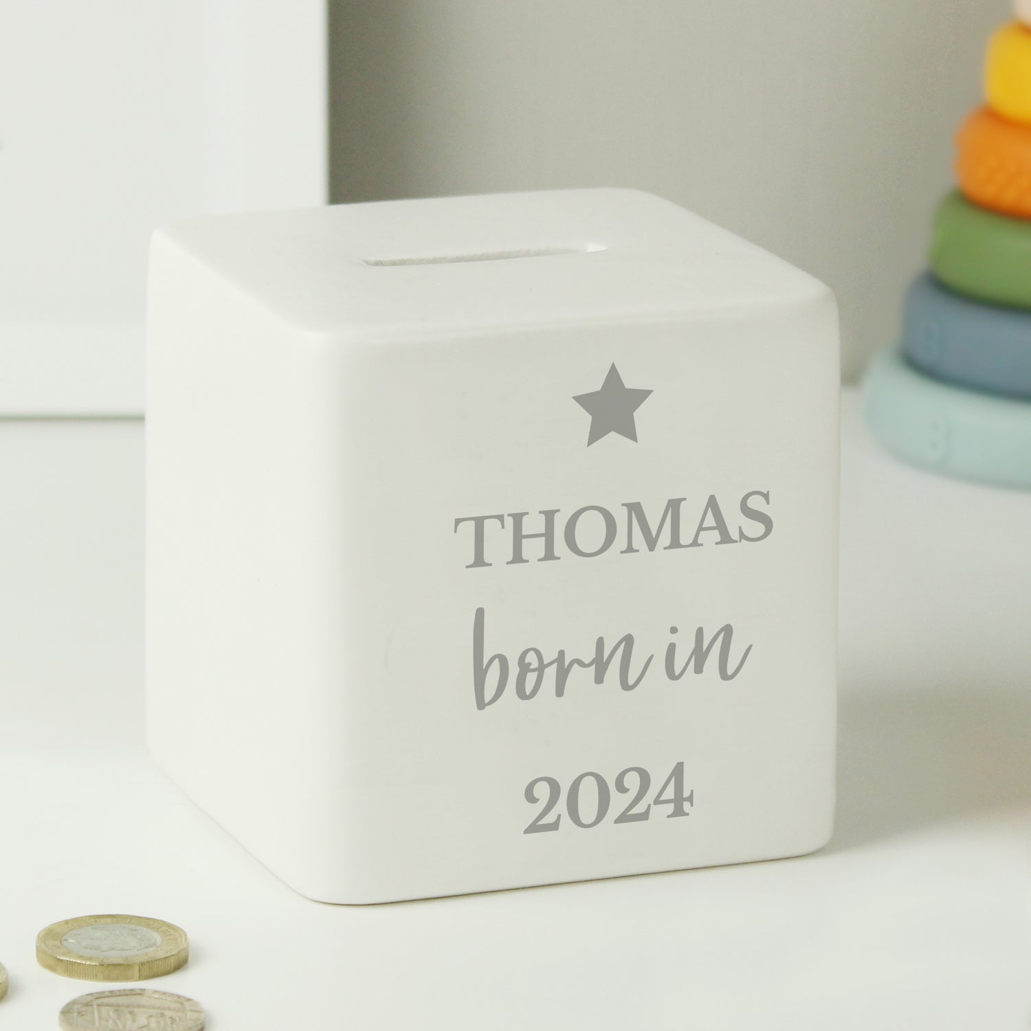 Personalised Born in Money Box - gift & personalise