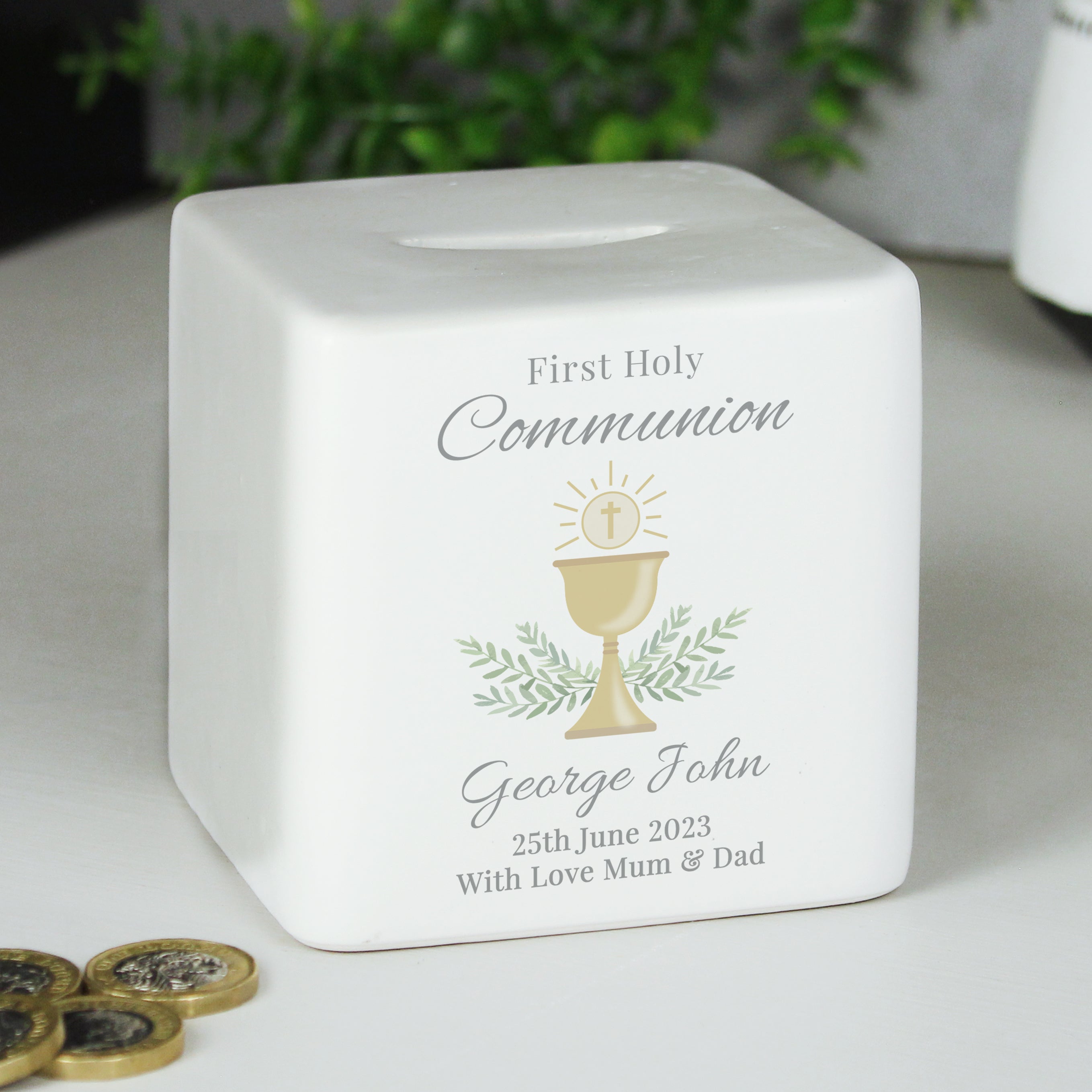 Personalised First Holy Communion Ceramic Square Money Box - gift & personalise