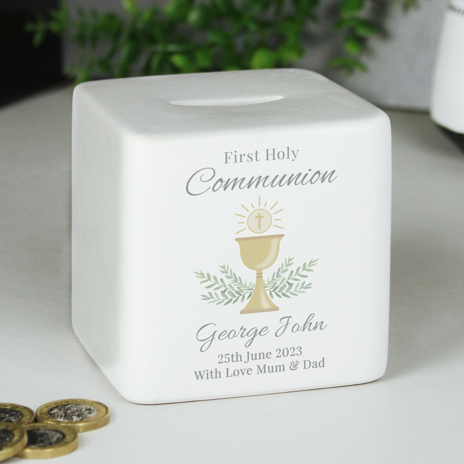 Personalised First Holy Communion Ceramic Square Money Box - gift & personalise