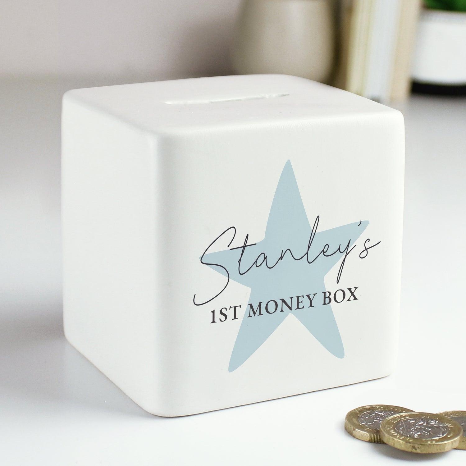 Personalised Blue Star Ceramic Square Money Box - gift & personalise