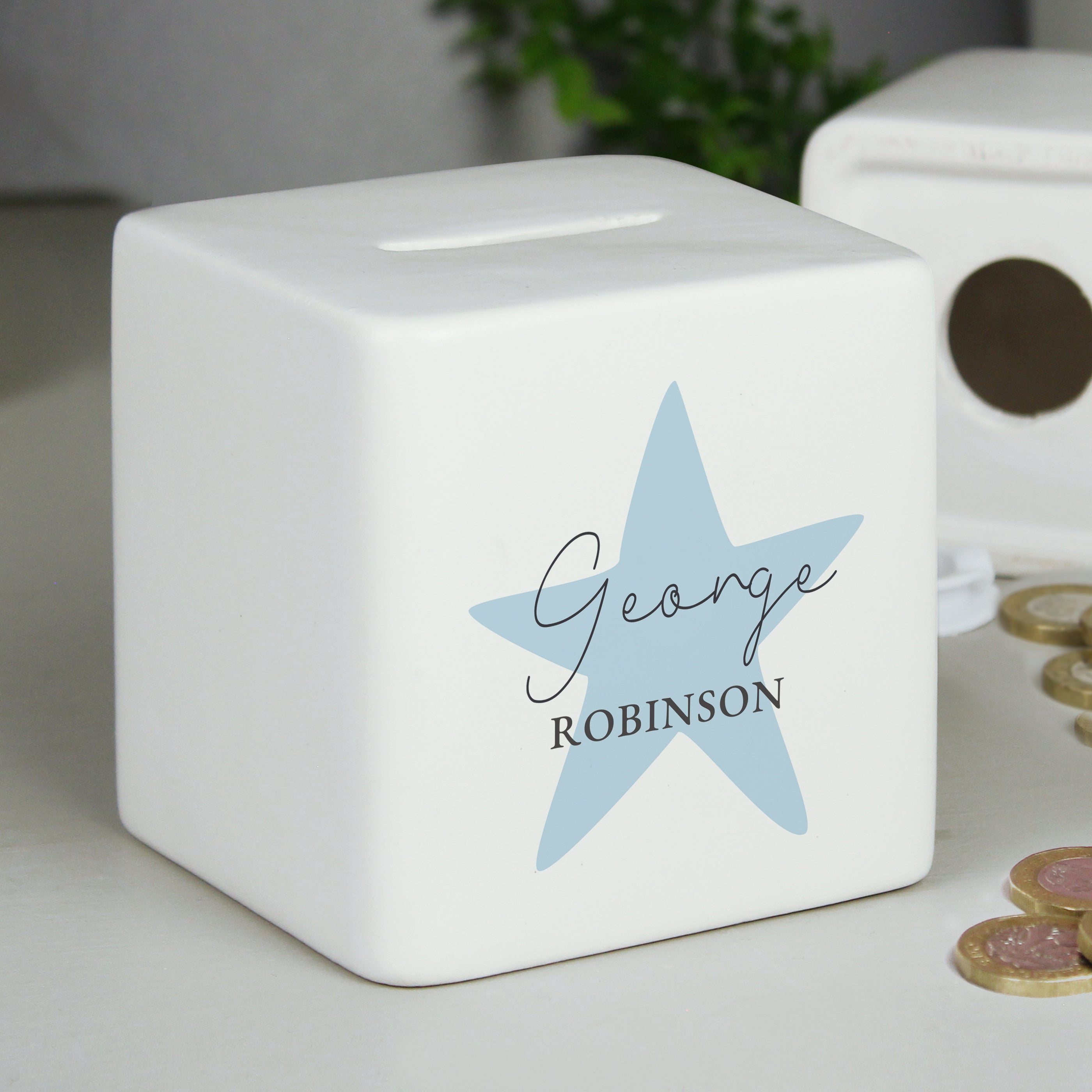 Personalised Blue Star Ceramic Square Money Box - gift & personalise