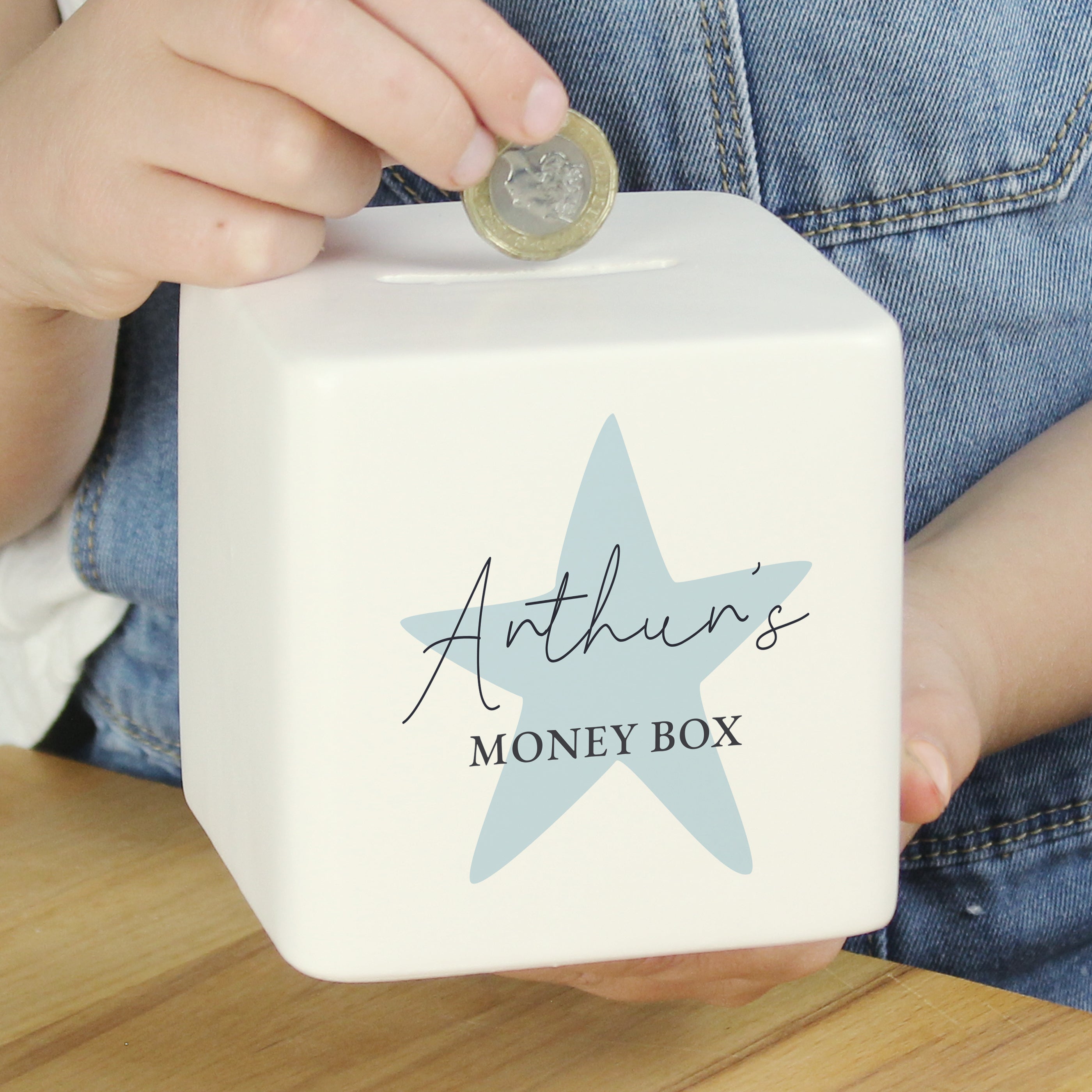 Personalised Blue Star Ceramic Square Money Box - gift & personalise