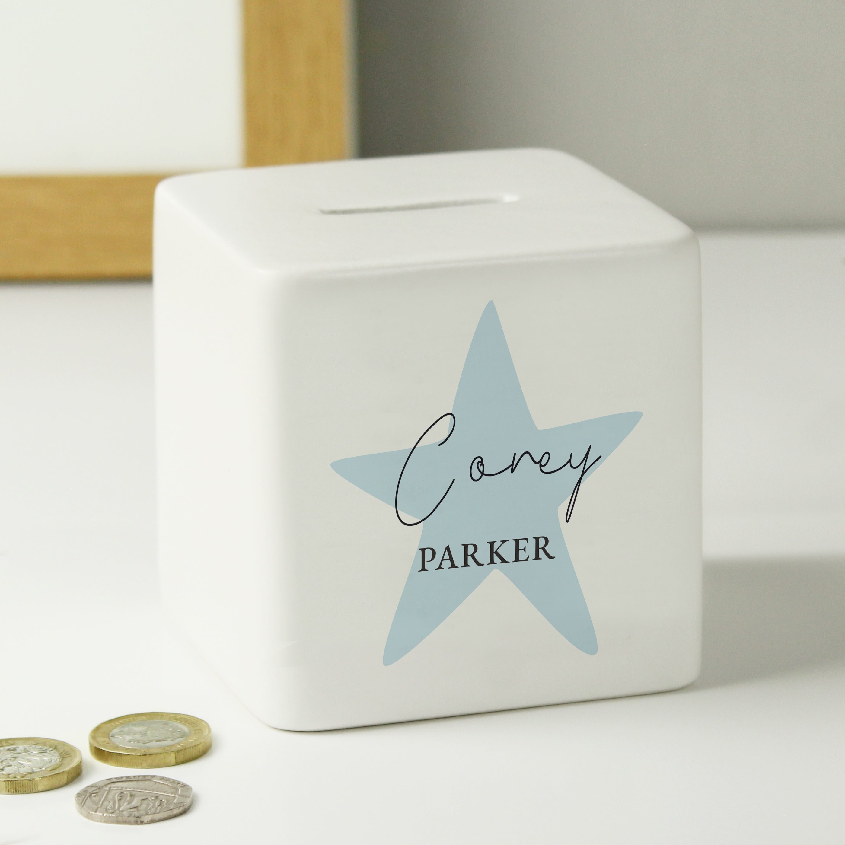 Personalised Blue Star Ceramic Square Money Box - gift & personalise