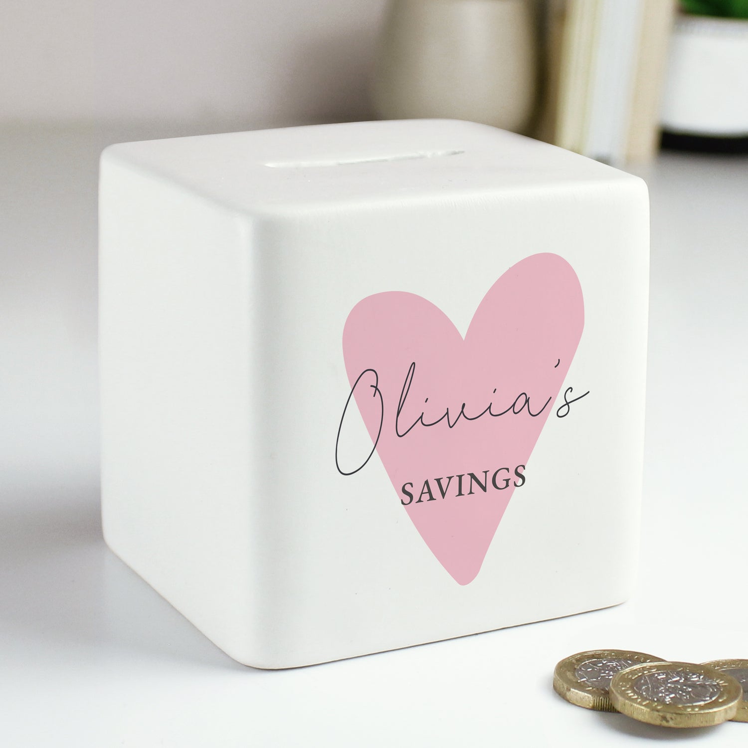 Personalised Pink Heart Ceramic Square Money Box - gift & personalise