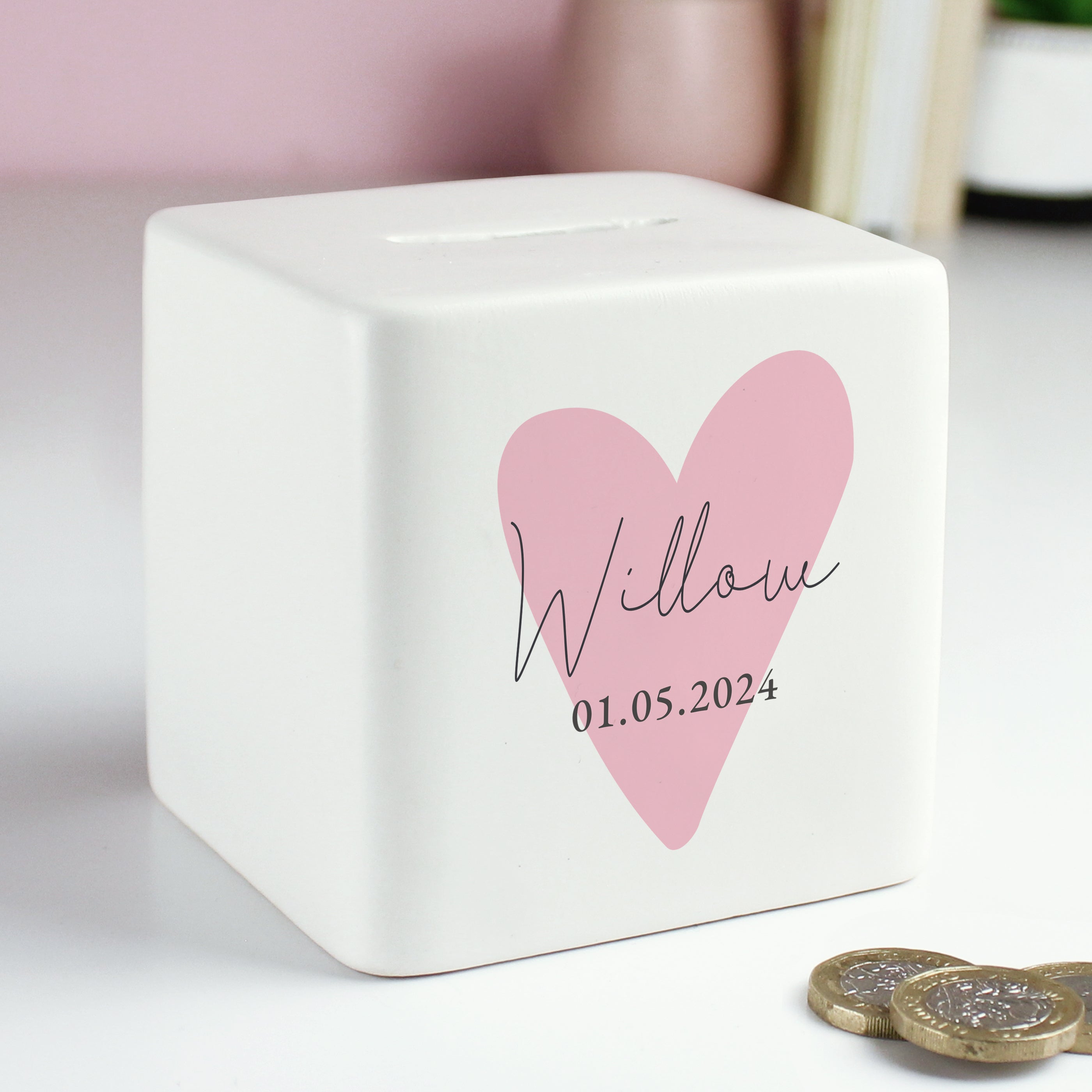 Personalised Pink Heart Ceramic Square Money Box - gift & personalise